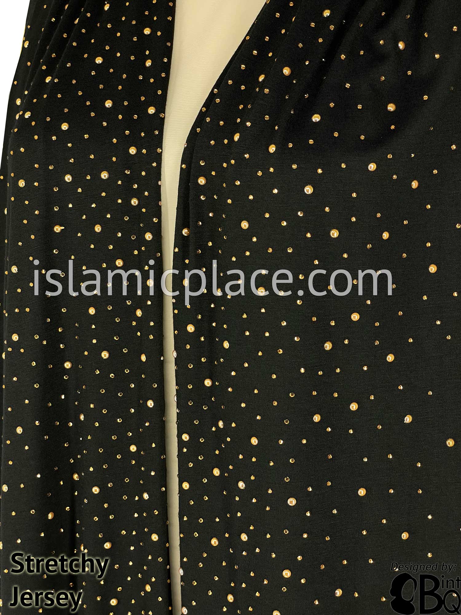 Black with Golden Stones in Design 44 - Jersey Shayla Long Rectangle Hijab 30"x70"