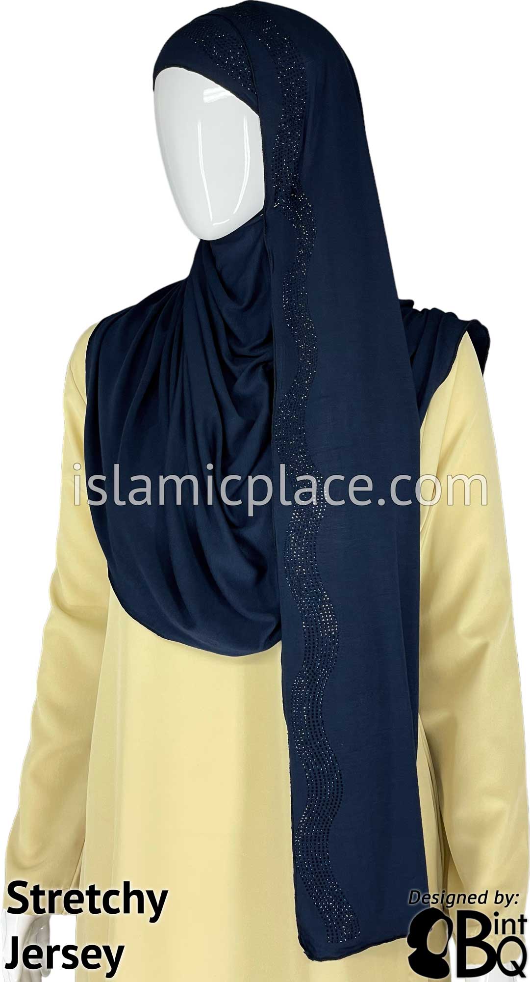 Navy Blue with Navy Stones in Design 35 - Jersey Shayla Long Rectangle Hijab 30&quot;x70&quot;