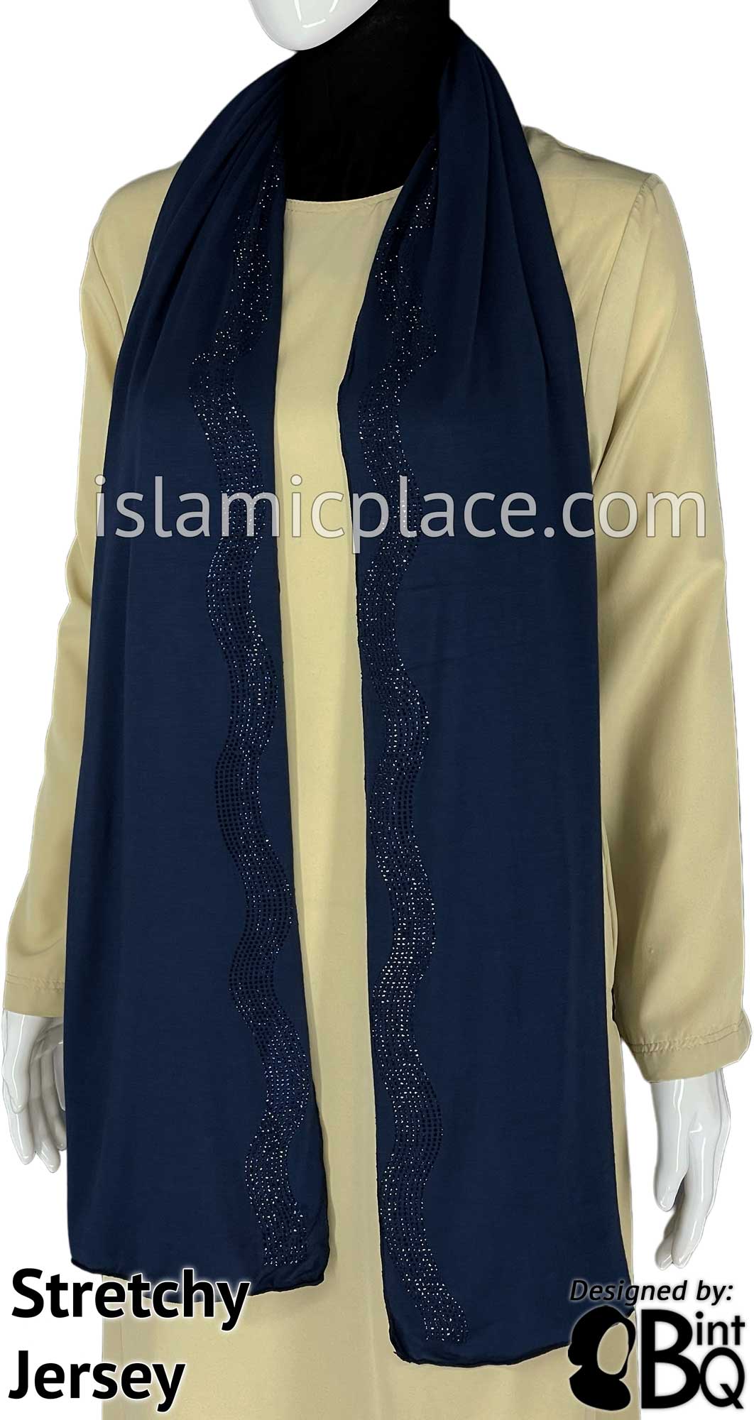 Navy Blue with Navy Stones in Design 35 - Jersey Shayla Long Rectangle Hijab 30"x70"