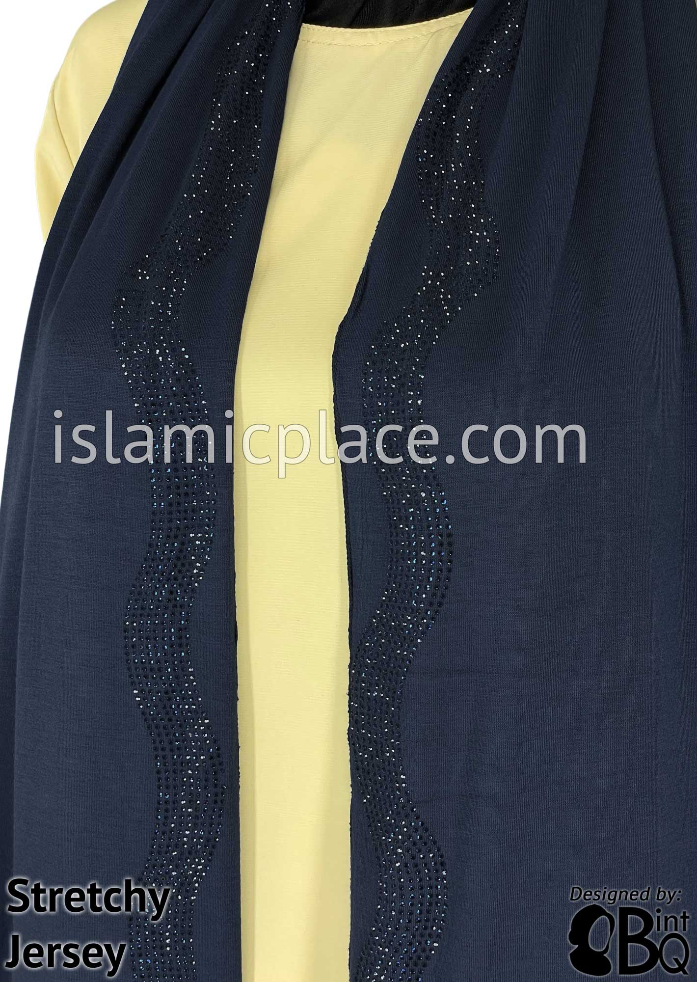 Navy Blue with Navy Stones in Design 35 - Jersey Shayla Long Rectangle Hijab 30"x70"