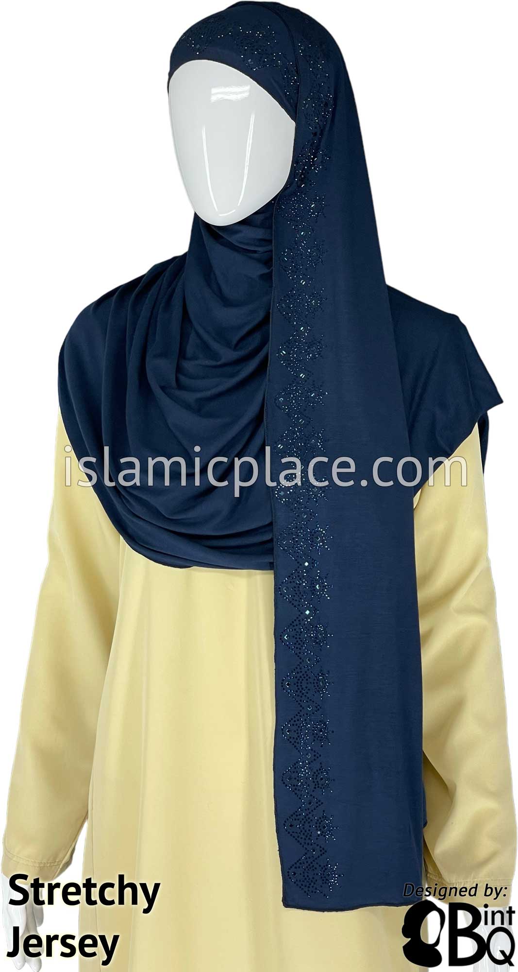 Navy Blue with Navy Stones in Design 31 - Jersey Shayla Long Rectangle Hijab 30&quot;x70&quot;