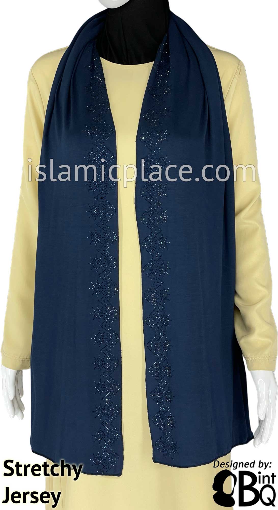 Navy Blue with Navy Stones in Design 31 - Jersey Shayla Long Rectangle Hijab 30"x70"