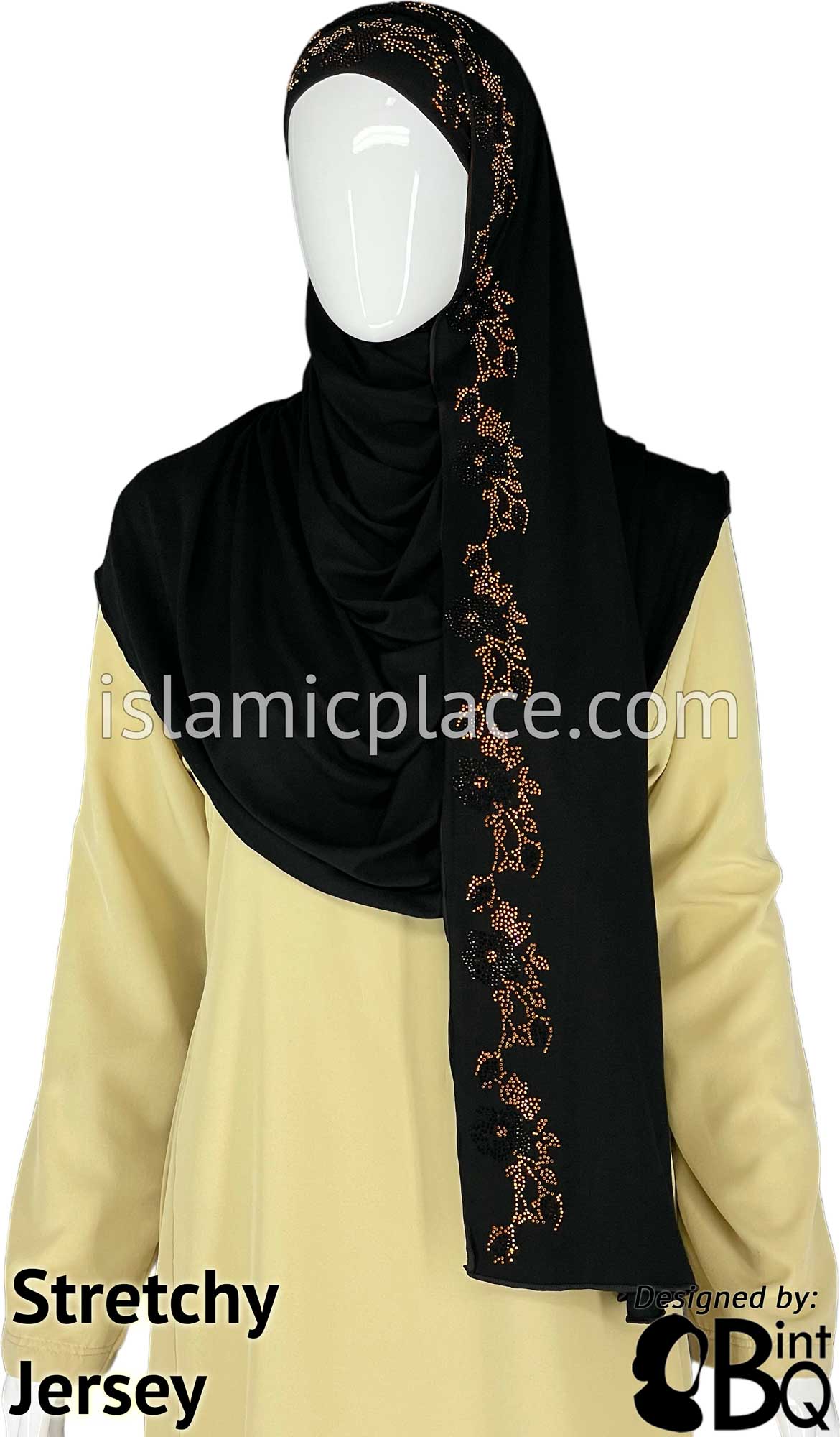 Black with Golden Stones in Design 19 - Jersey Shayla Long Rectangle Hijab 30&quot;x70&quot;