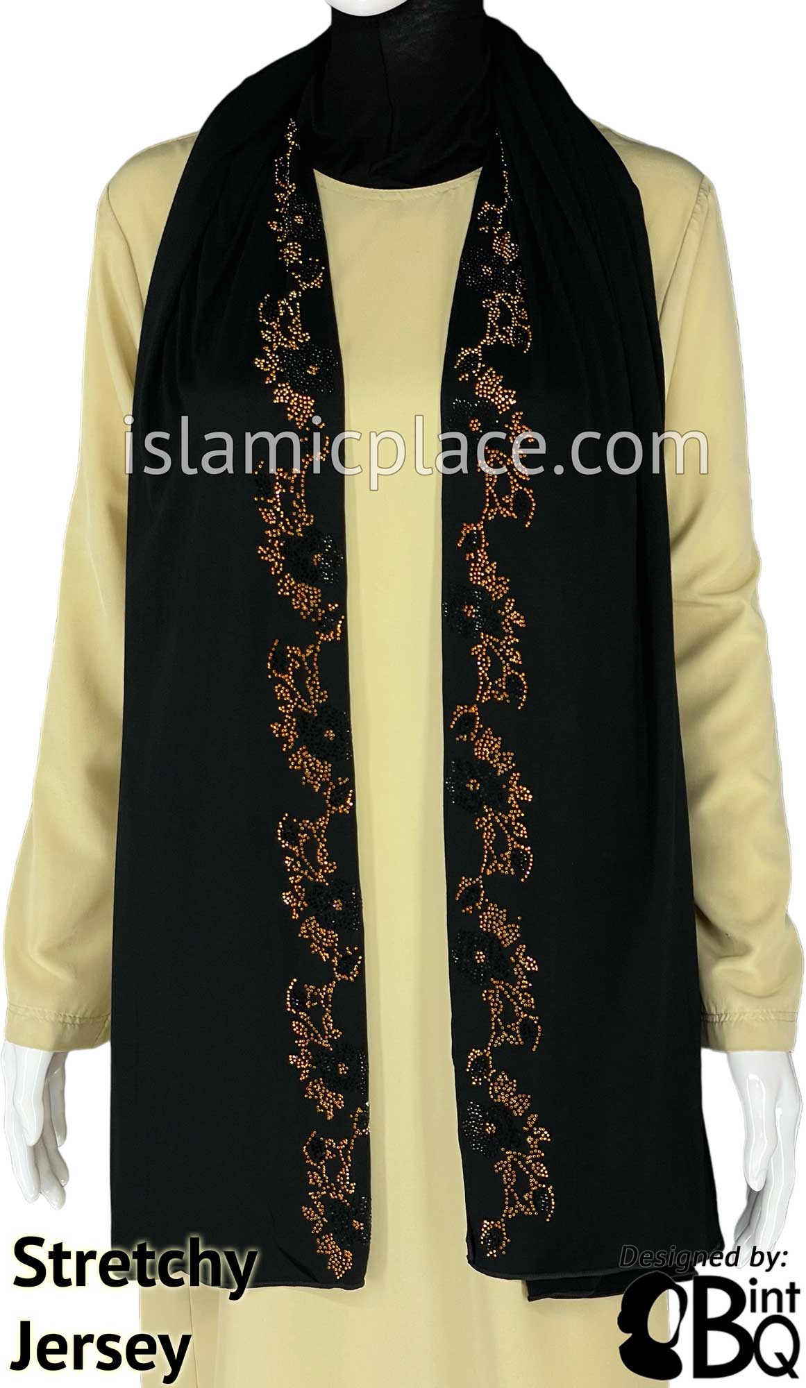 Black with Golden Stones in Design 19 - Jersey Shayla Long Rectangle Hijab 30"x70"