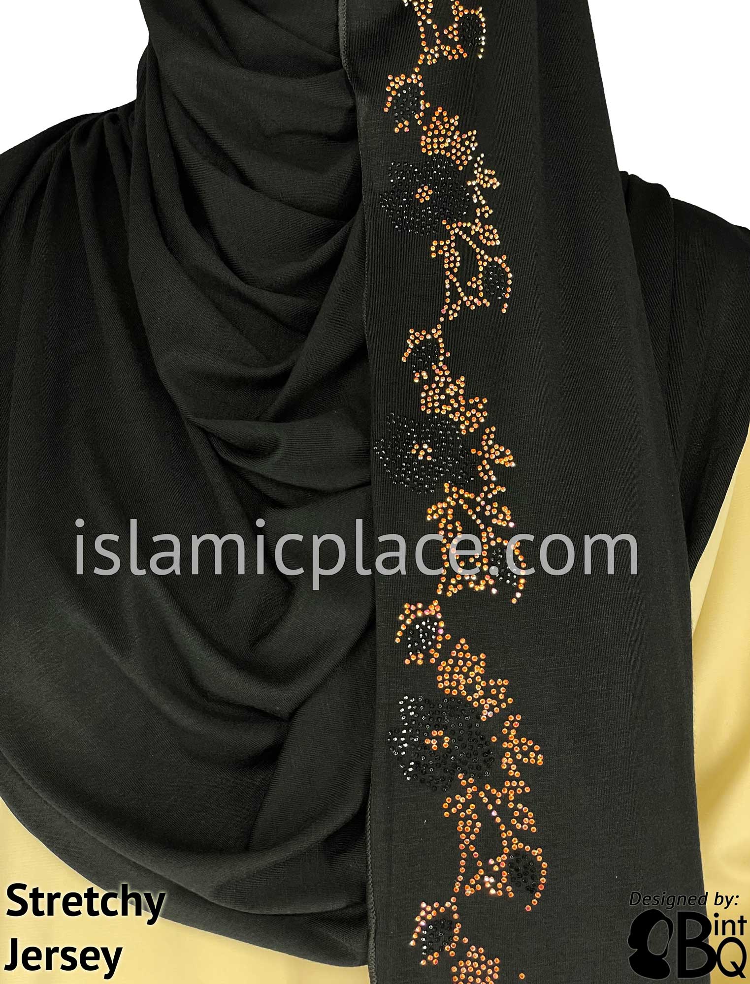 Black with Golden Stones in Design 19 - Jersey Shayla Long Rectangle Hijab 30"x70"