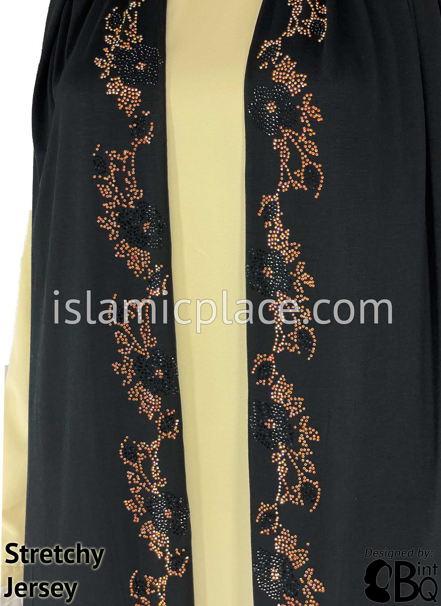 Black with Golden Stones in Design 19 - Jersey Shayla Long Rectangle Hijab 30"x70"