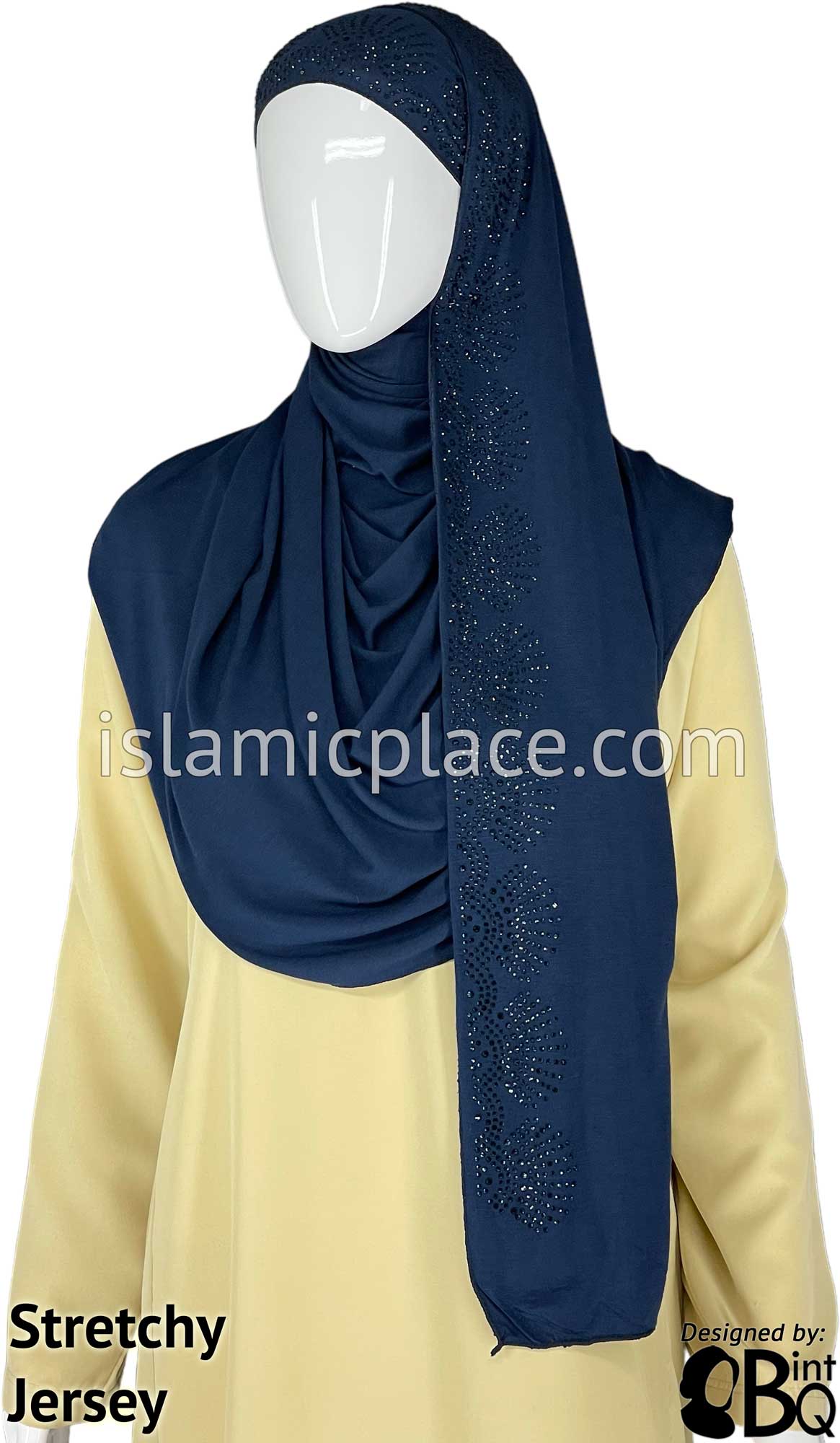 Navy Blue with Navy Stones in Design 26 - Jersey Shayla Long Rectangle Hijab 30&quot;x70&quot;