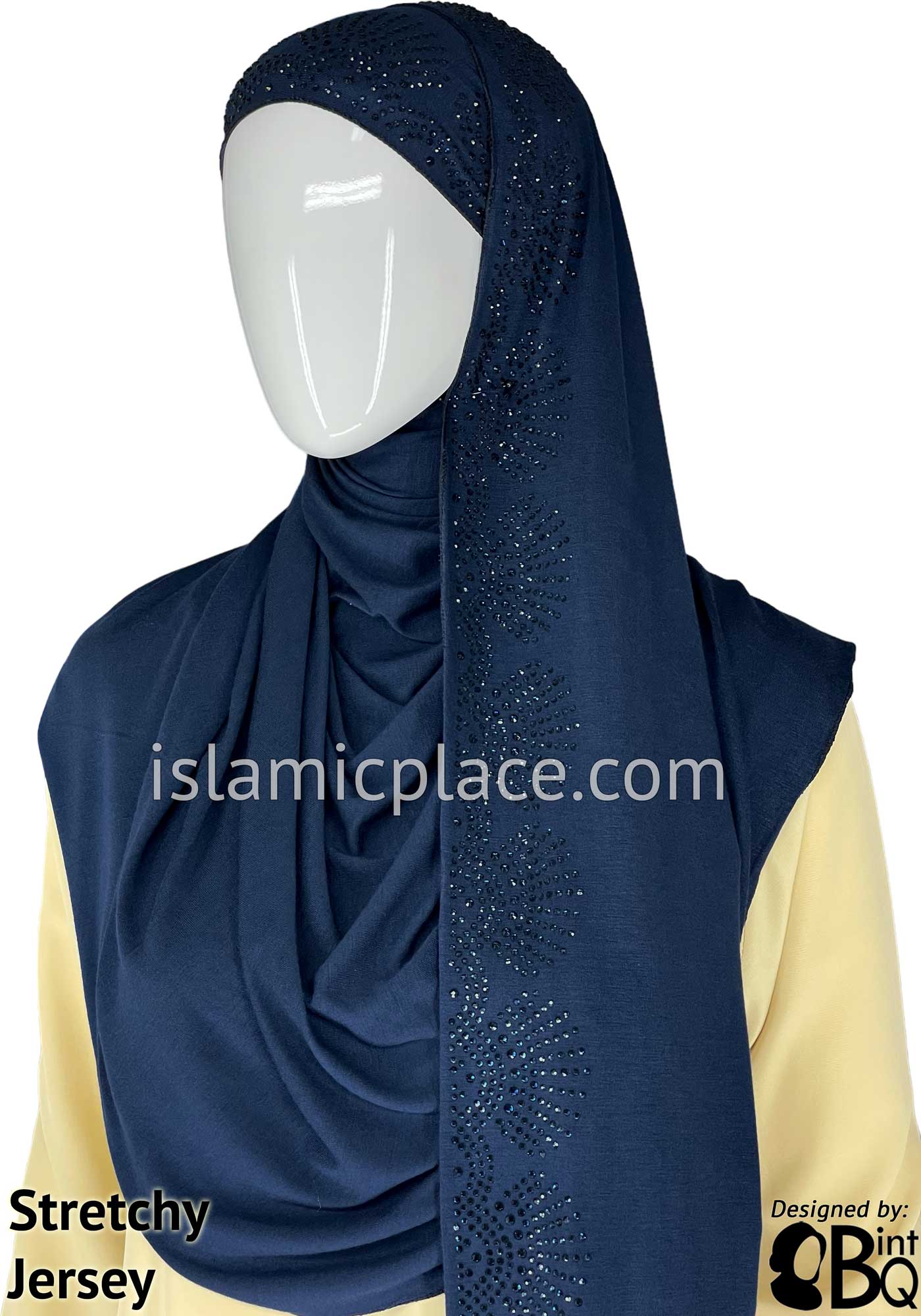 Navy Blue with Navy Stones in Design 26 - Jersey Shayla Long Rectangle Hijab 30"x70"