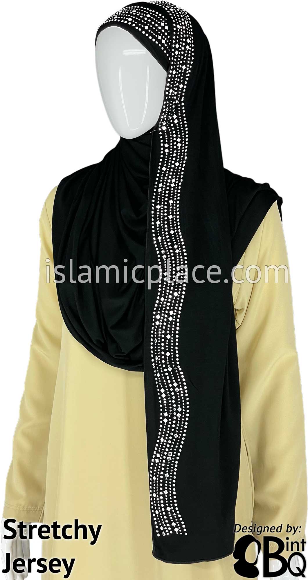 Black with Silver Stones in Design 33 - Jersey Shayla Long Rectangle Hijab 30&quot;x70&quot;