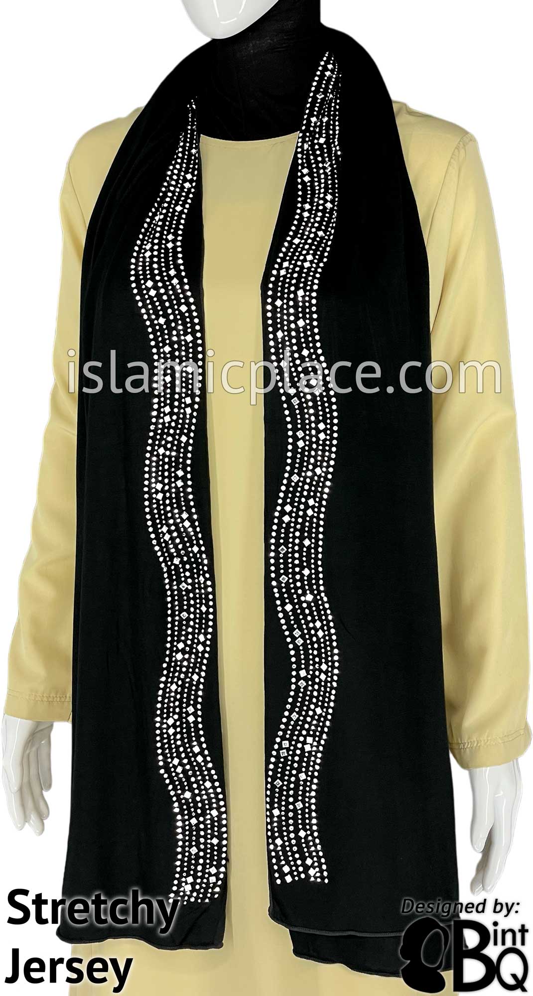 Black with Silver Stones in Design 33 - Jersey Shayla Long Rectangle Hijab 30"x70"