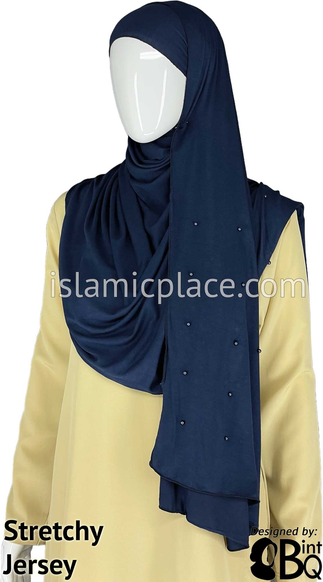 Navy Blue with Navy Stones in Design 25 - Jersey Shayla Long Rectangle Hijab 30&quot;x70&quot;