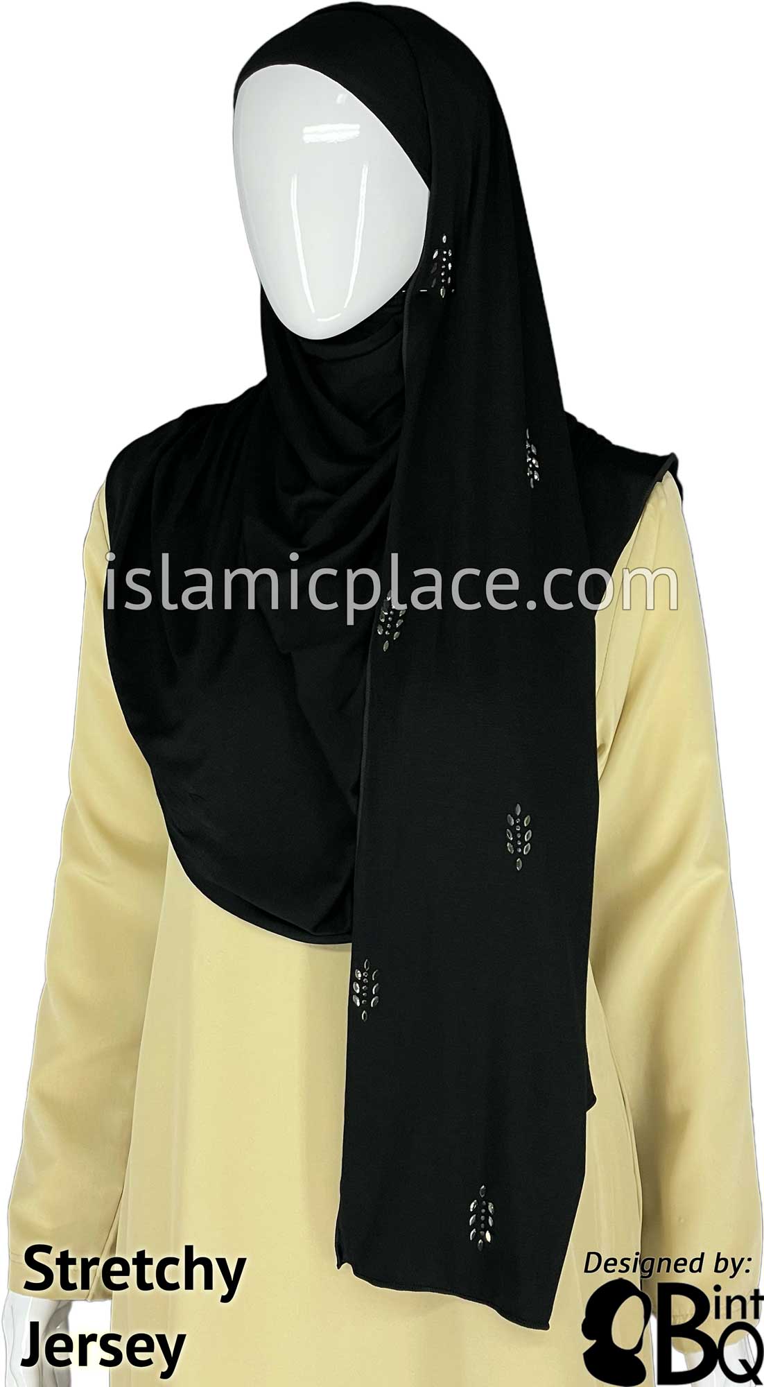 Black with Antique Stones in Design 51 - Jersey Shayla Long Rectangle Hijab 30"x70"