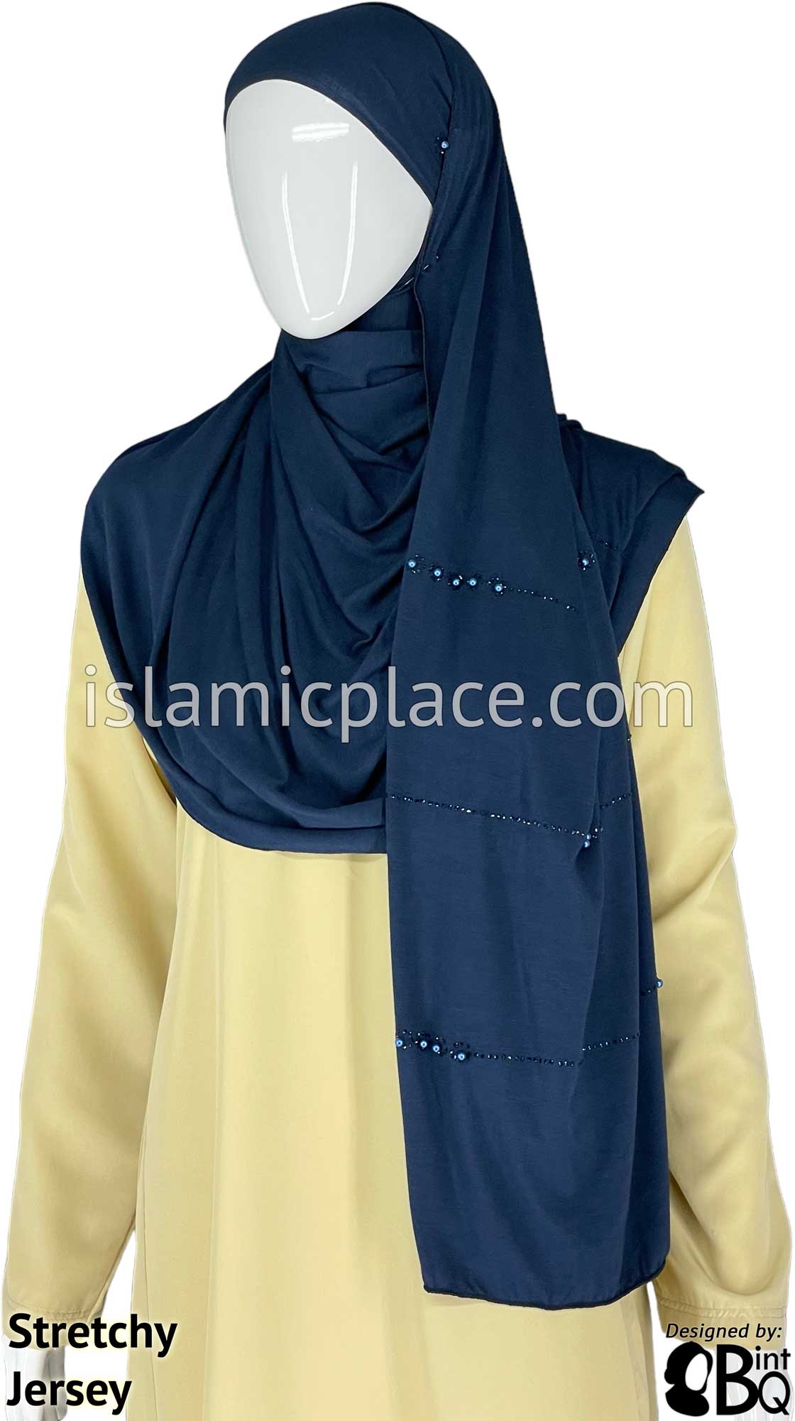 Navy Blue with Navy Stones in Design 138 - Jersey Shayla Long Rectangle Hijab 30"x70"