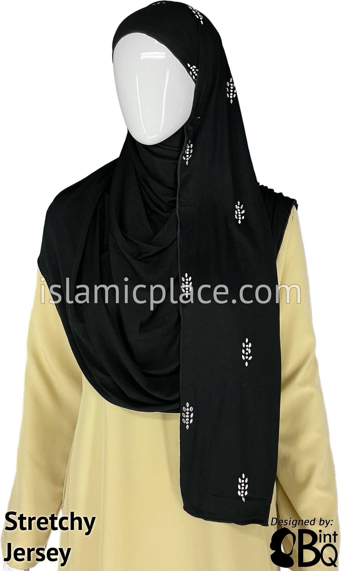 Black with Silver and Gray Stones in Design 51 - Jersey Shayla Long Rectangle Hijab 30&quot;x70&quot;