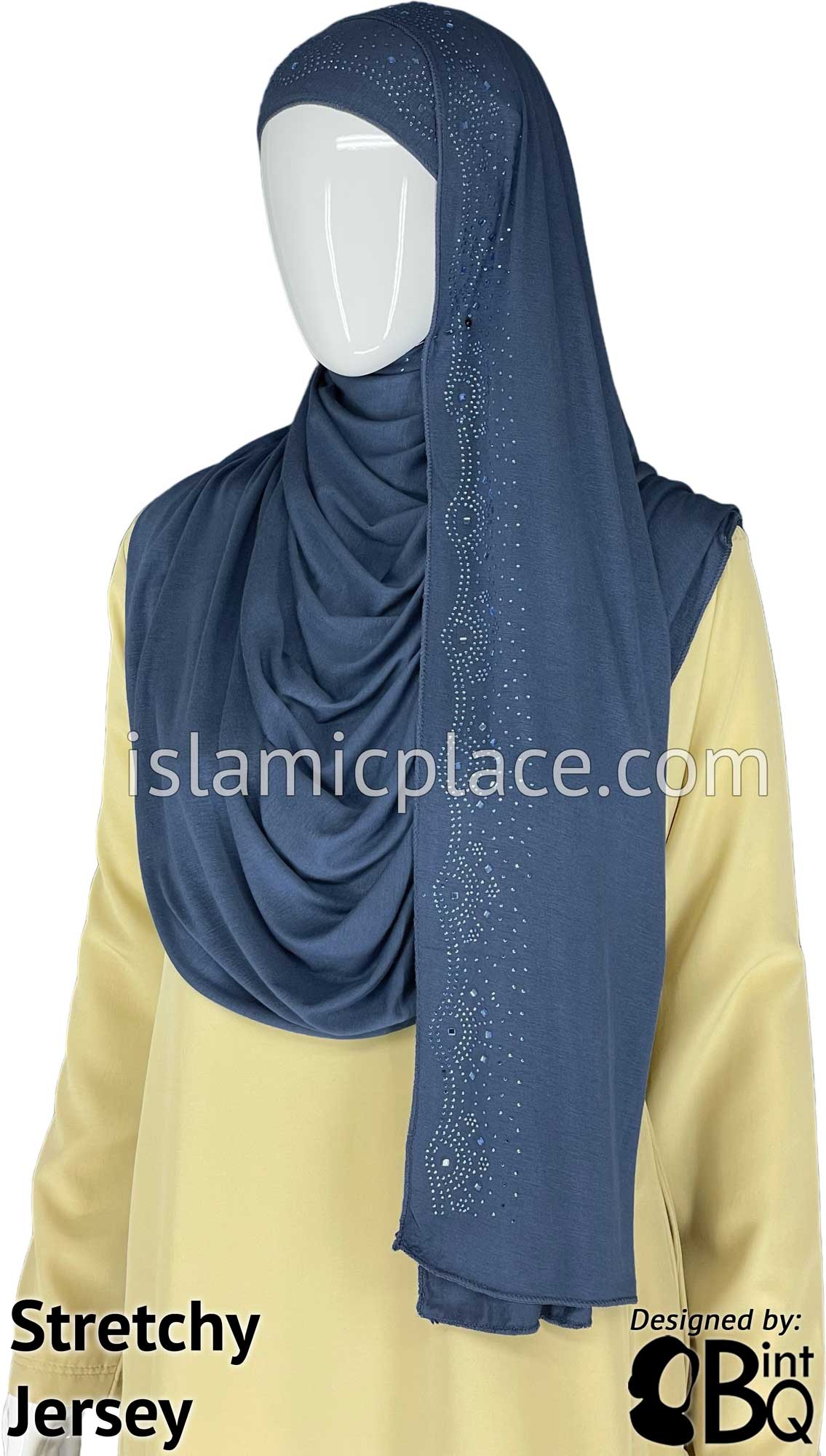 Navy Blue with Navy Stones in Design 74 - Jersey Shayla Long Rectangle Hijab 30&quot;x70&quot;