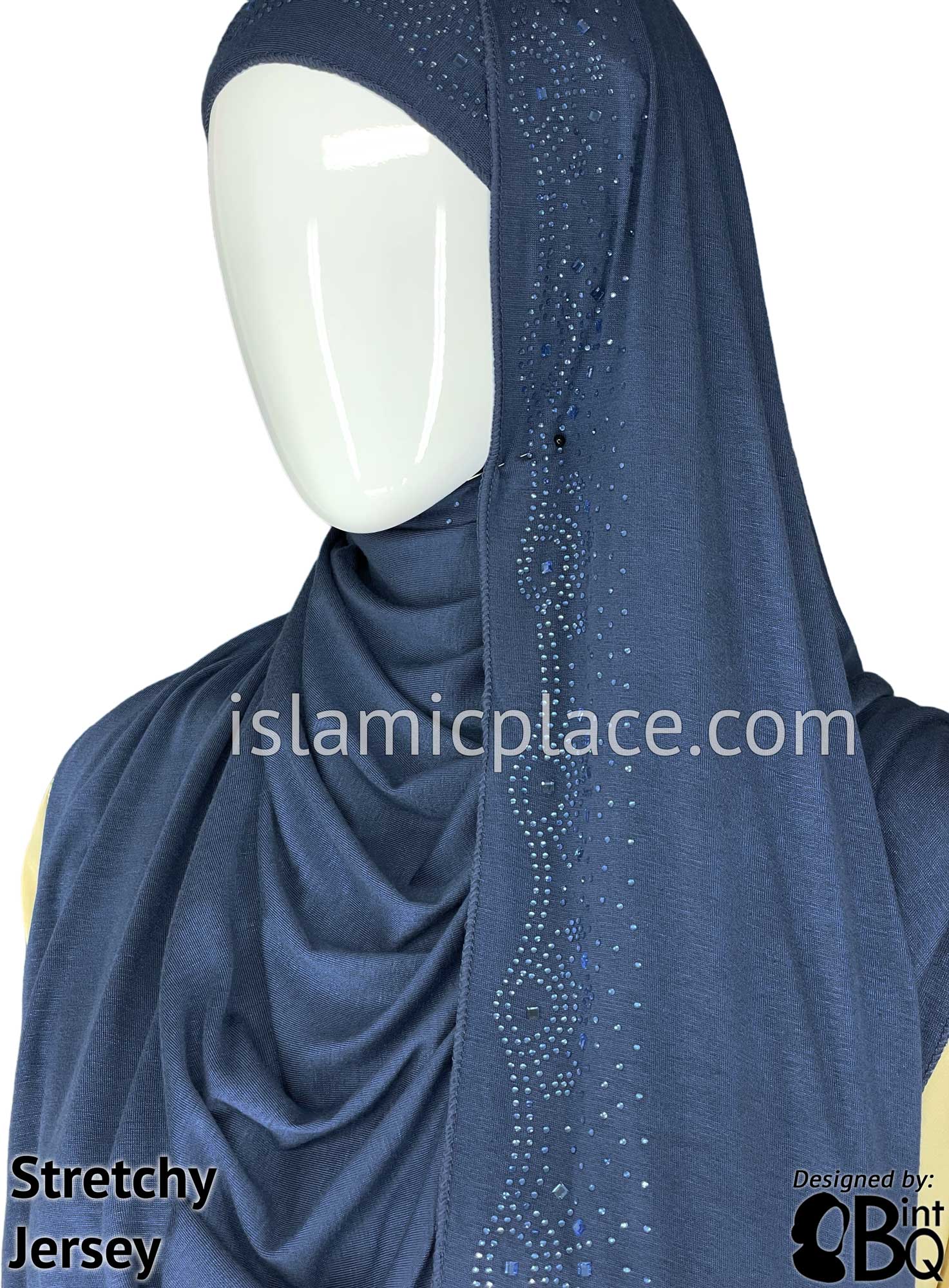 Navy Blue with Navy Stones in Design 74 - Jersey Shayla Long Rectangle Hijab 30"x70"