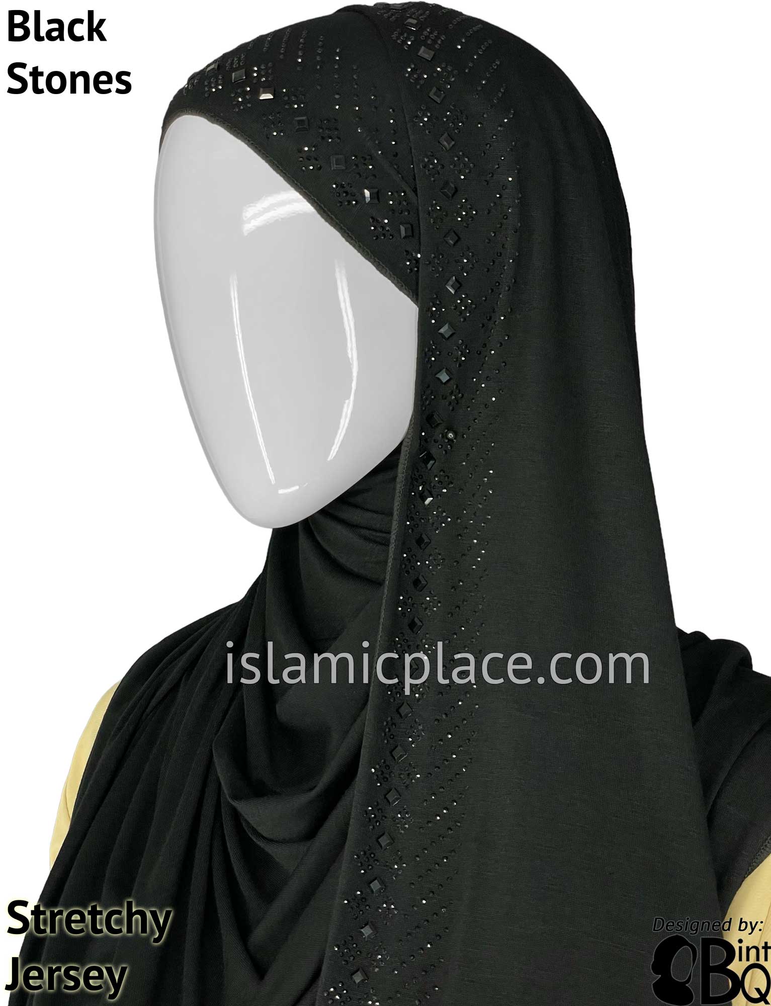 Black with Black Stones in Design 6 - Jersey Shayla Long Rectangle Hijab 30"x70"