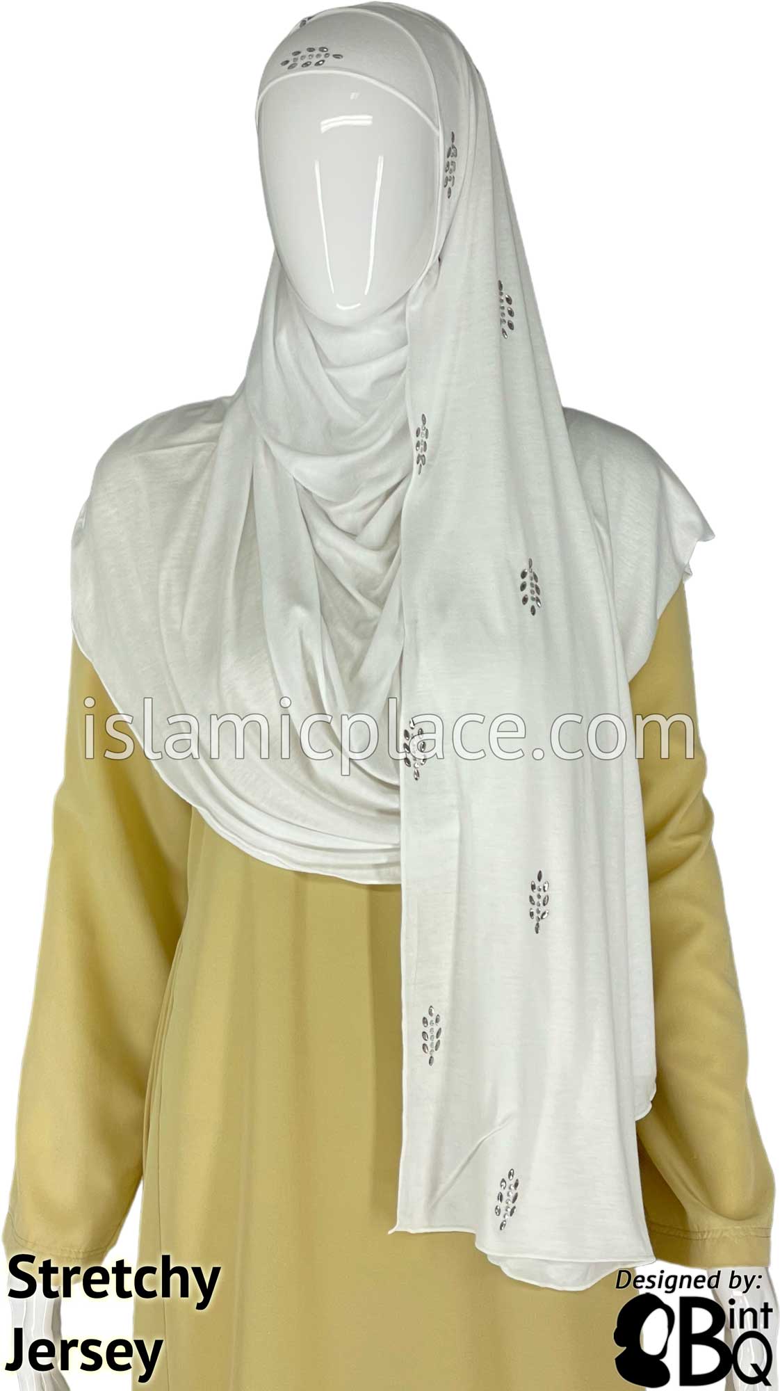 White with Silver Stones in Design 51 - Jersey Shayla Long Rectangle Hijab 30"x70"