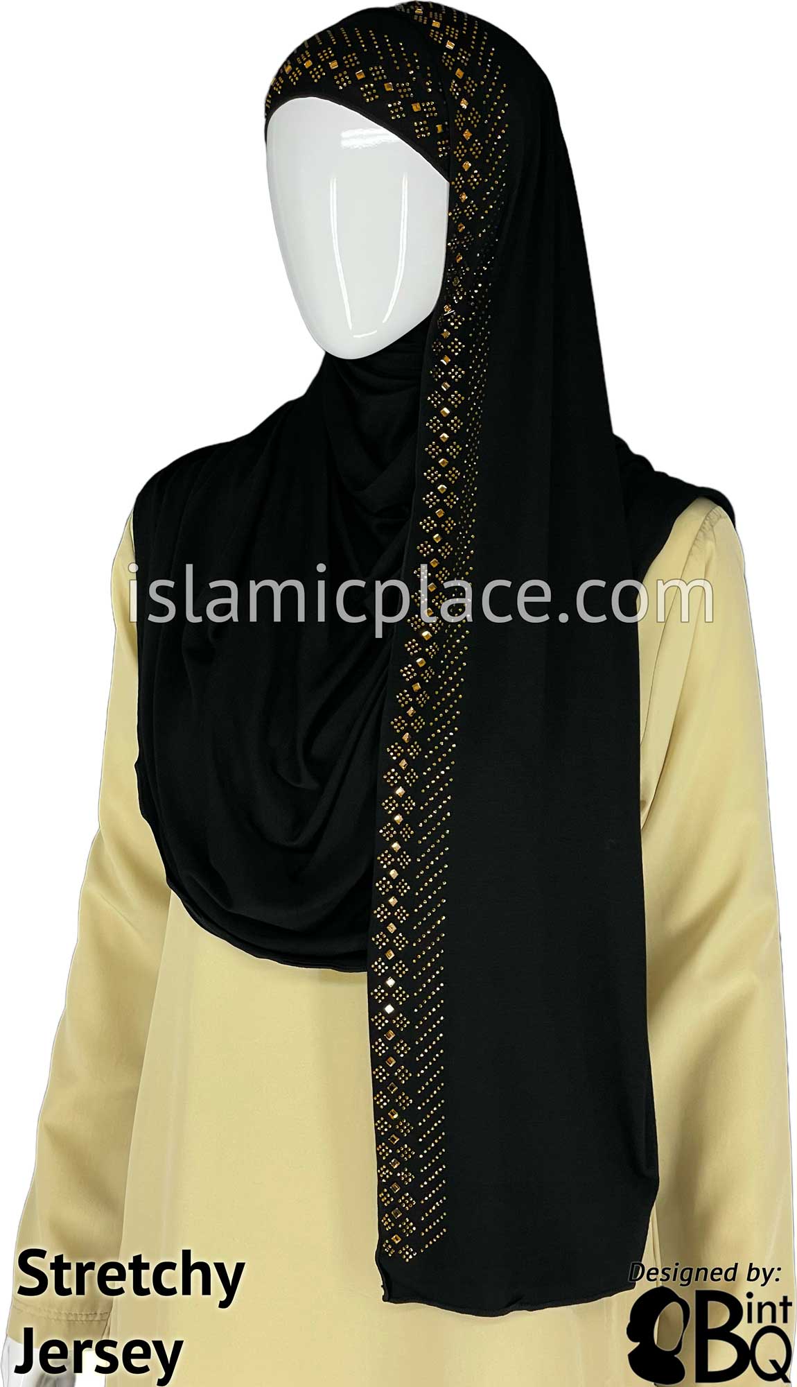 Black with Golden Stones in Design 6 - Jersey Shayla Long Rectangle Hijab 30"x70"