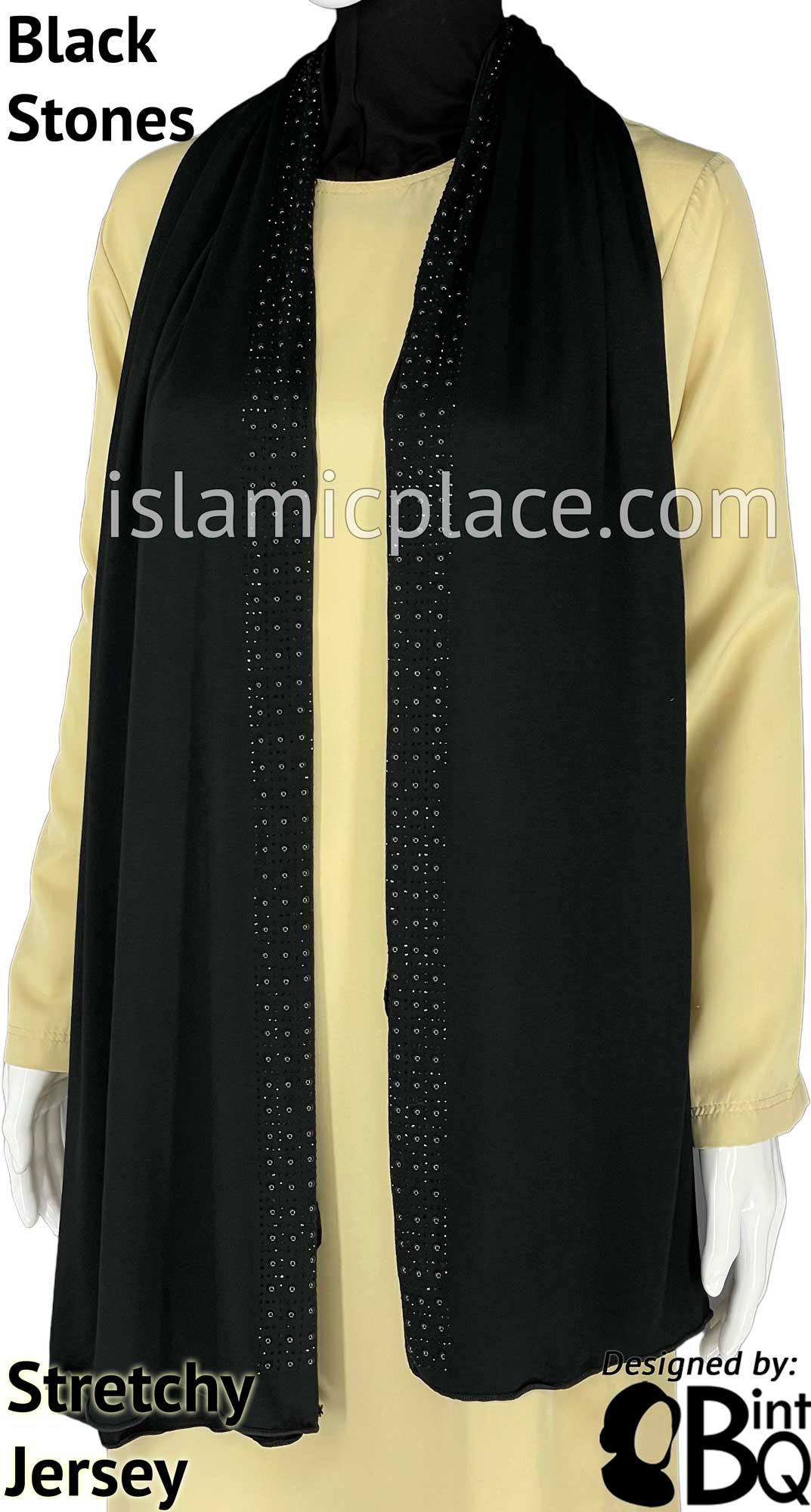 Black with Black Stones in Design 5 - Jersey Shayla Long Rectangle Hijab 30"x70"