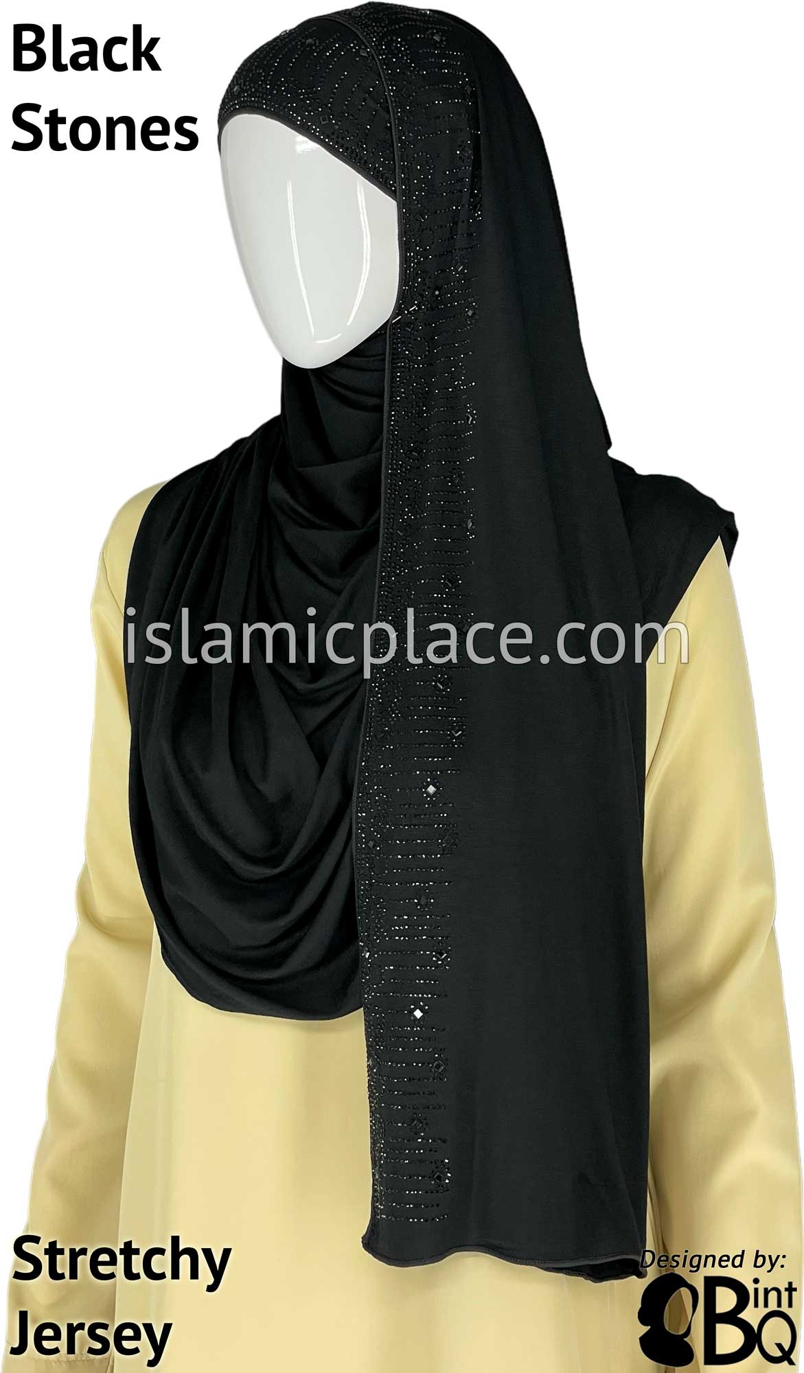 Black with Black Stones in Design 75 - Jersey Shayla Long Rectangle Hijab 30&quot;x70&quot;