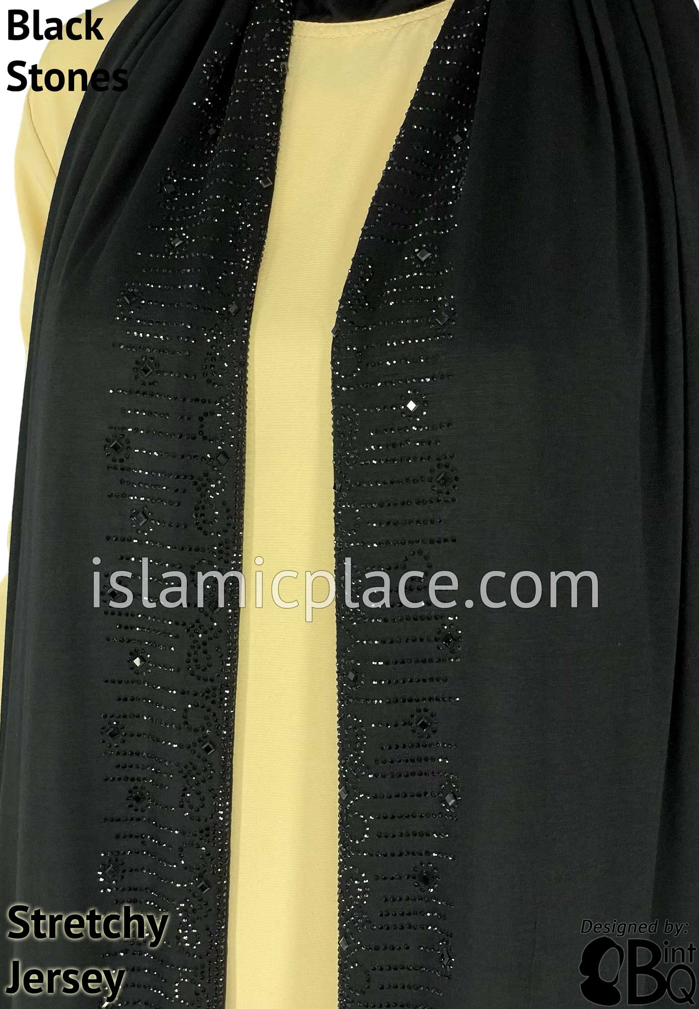 Black with Black Stones in Design 75 - Jersey Shayla Long Rectangle Hijab 30"x70"