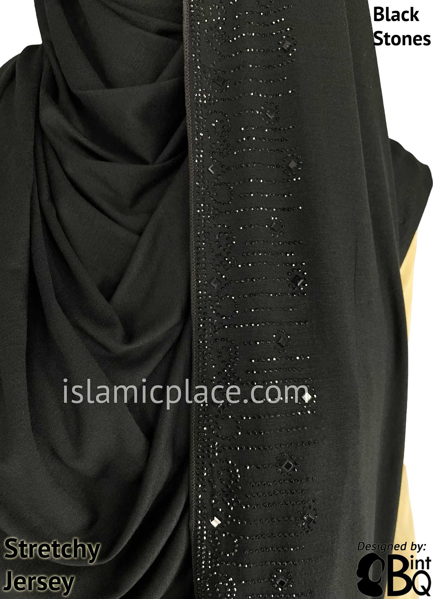 Black with Black Stones in Design 75 - Jersey Shayla Long Rectangle Hijab 30"x70"