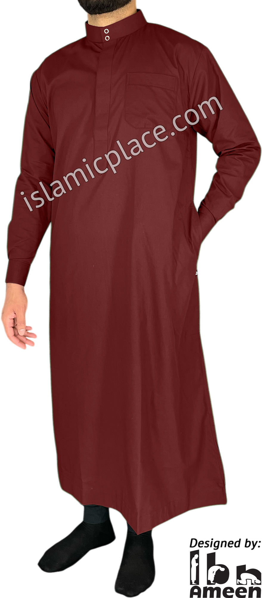 Burgundy - Men Saudi Ad-Daffah LT Thob by Ibn Ameen - IA3