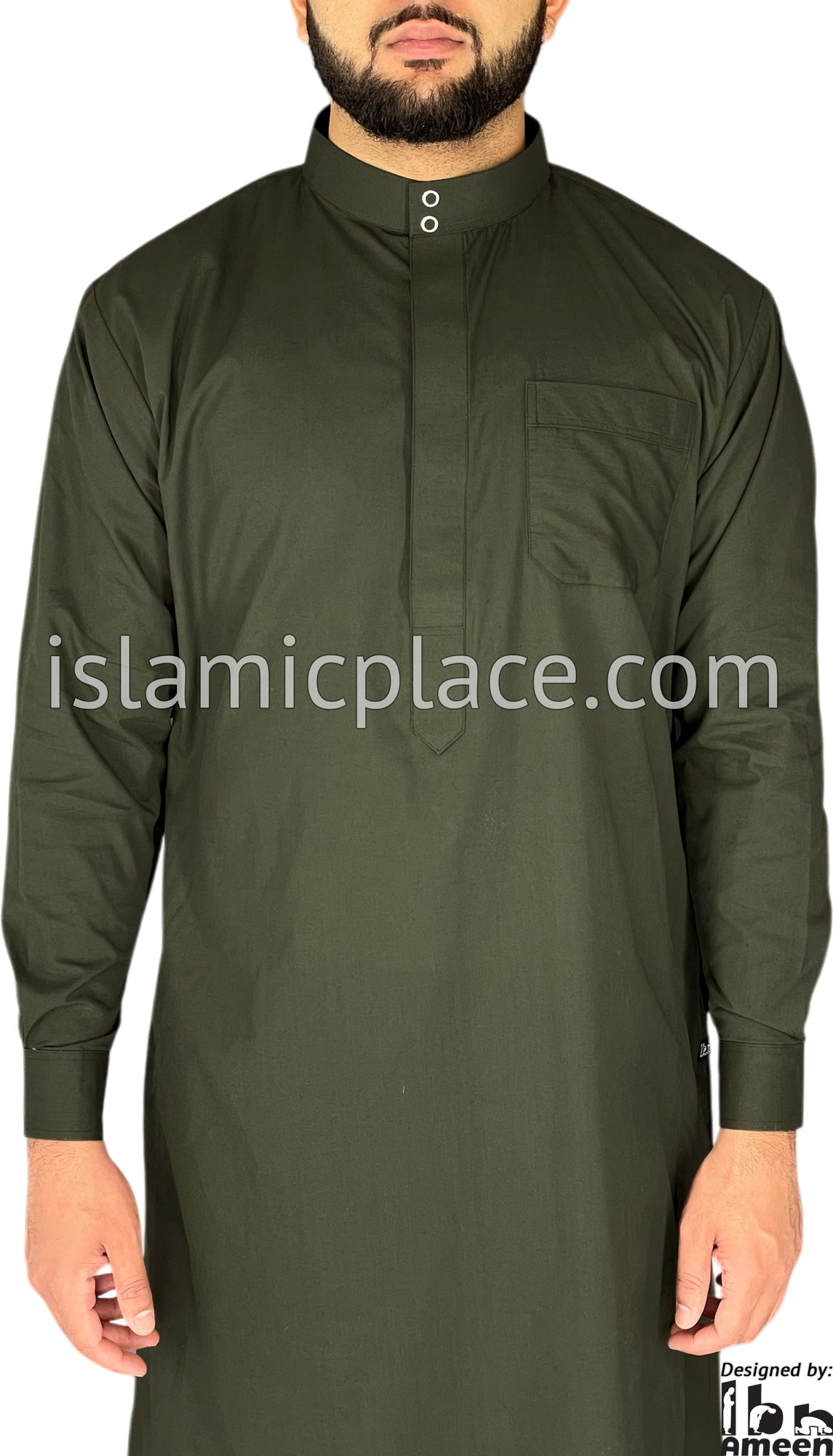 Dark Olive Green - Men Saudi Ad-Daffah LT Thob by Ibn Ameen - IA3