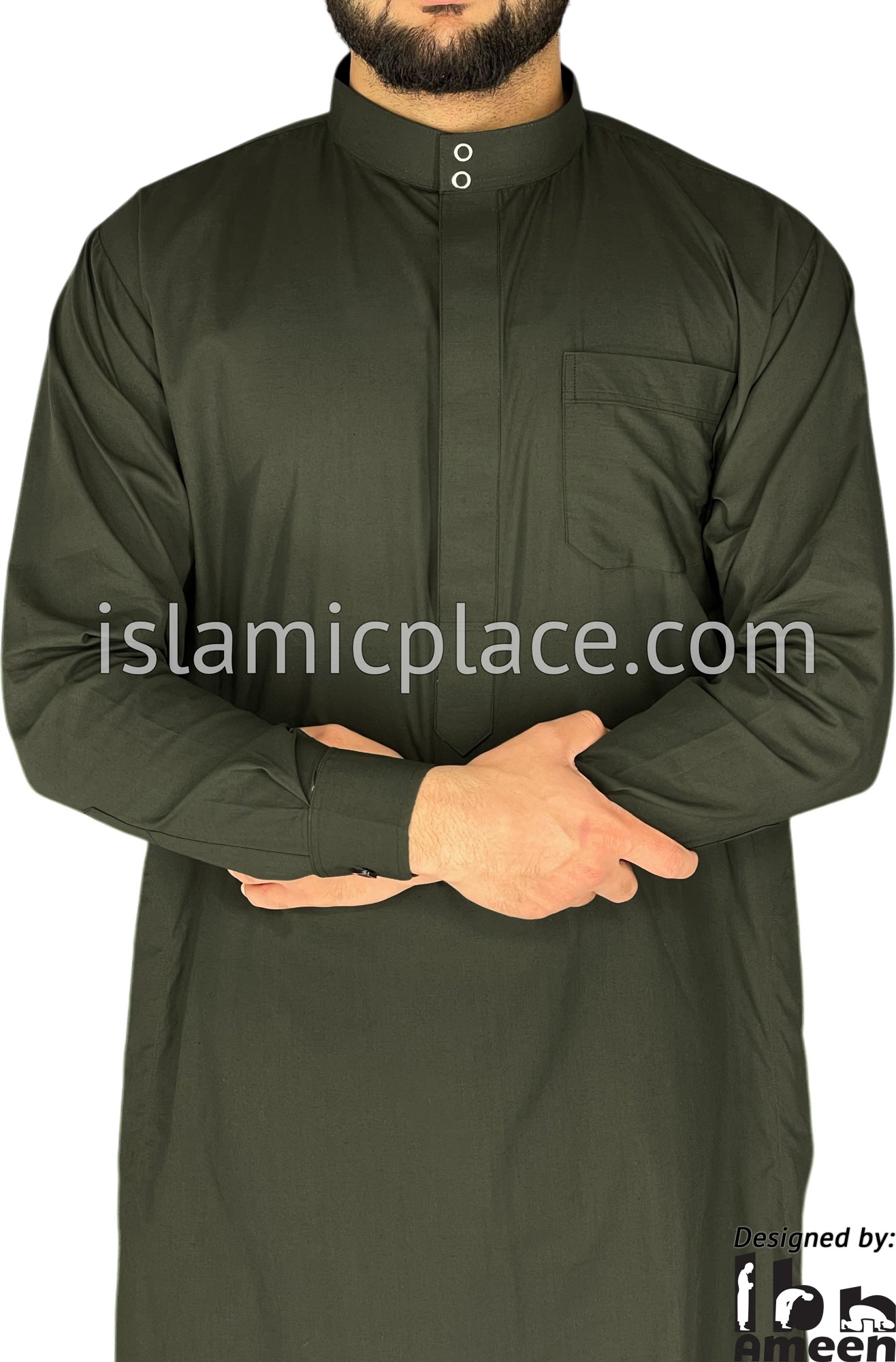 Dark Olive Green - Men Saudi Ad-Daffah LT Thob by Ibn Ameen - IA3