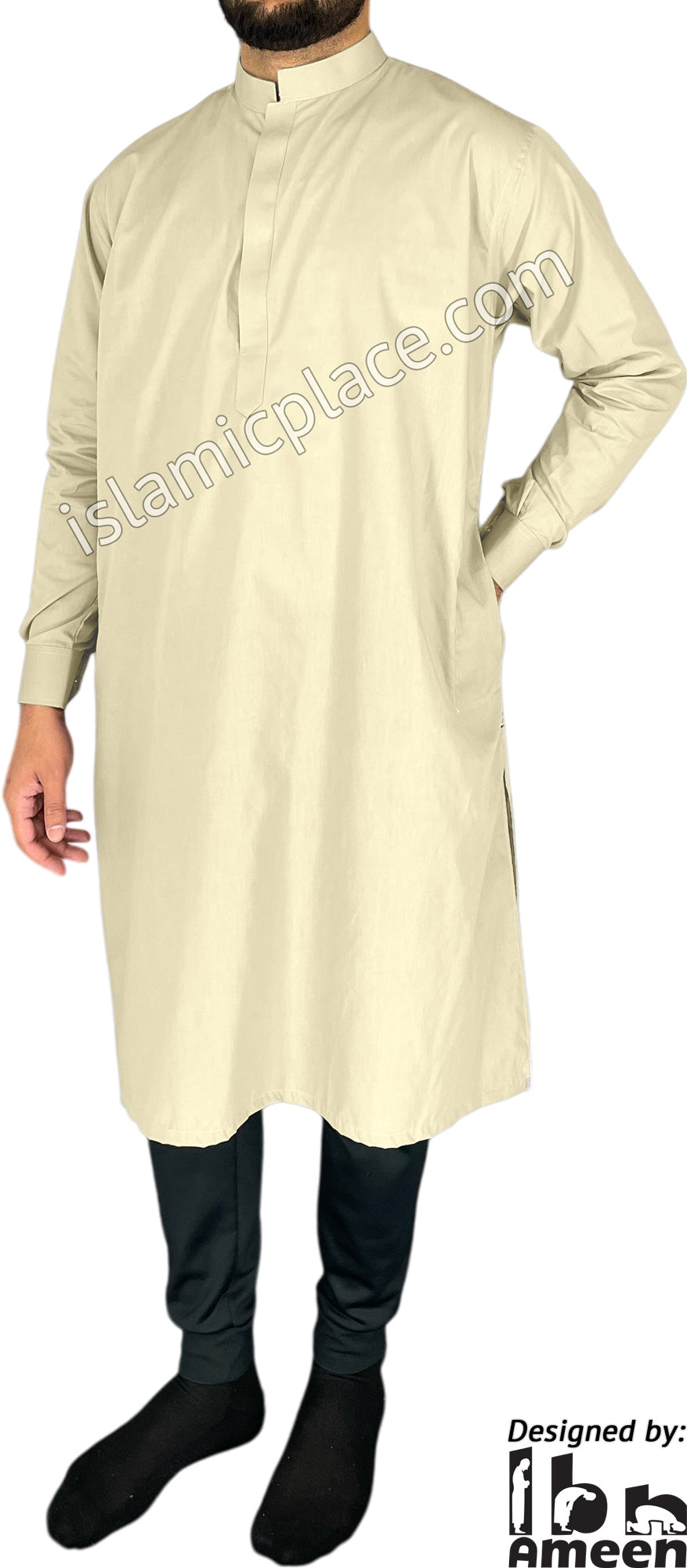 Light Khaki - Men Saudi Ad-Daffah Plain Kameez by Ibn Ameen