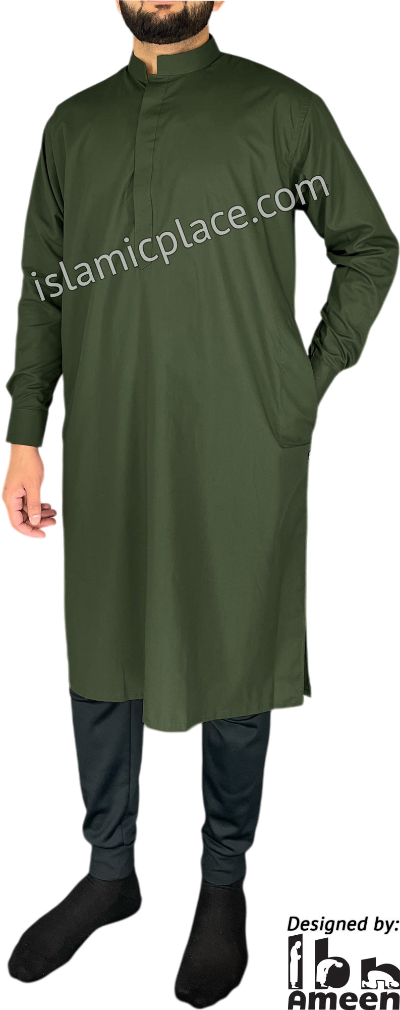 Olive Green - Men Saudi Ad-Daffah Plain Kameez by Ibn Ameen