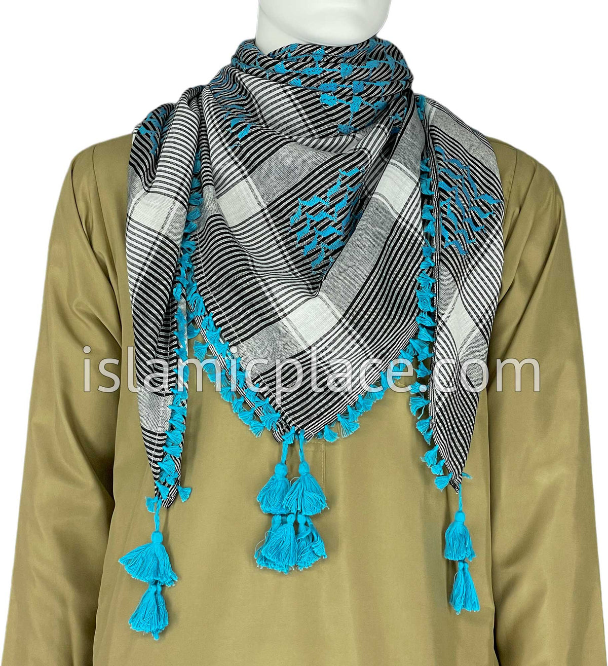 Black, White and Teal Blue - Rafah Collection Men Scarf Kifaya