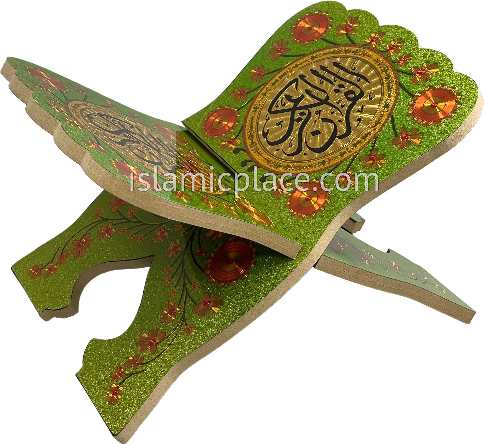 Green - Shimmering Wooden Quran Book Holder - Rehal 11" x 7.5"