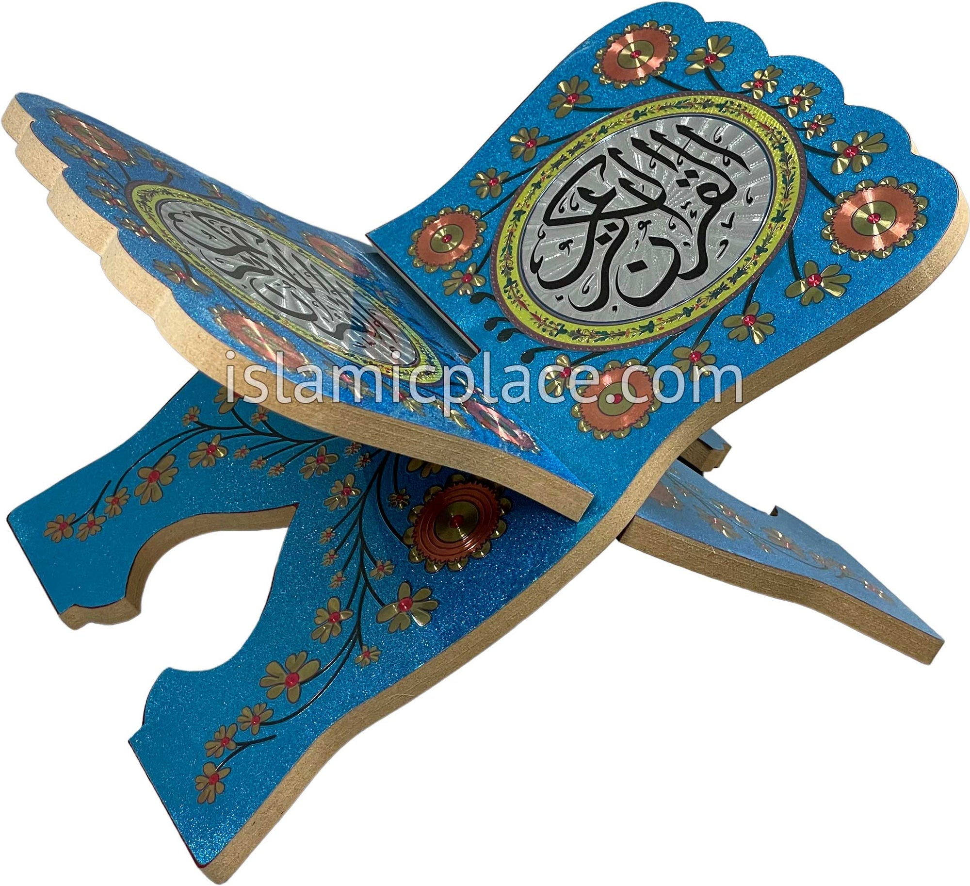 Blue - Shimmering Wooden Quran Book Holder - Rehal 11" x 7.5"