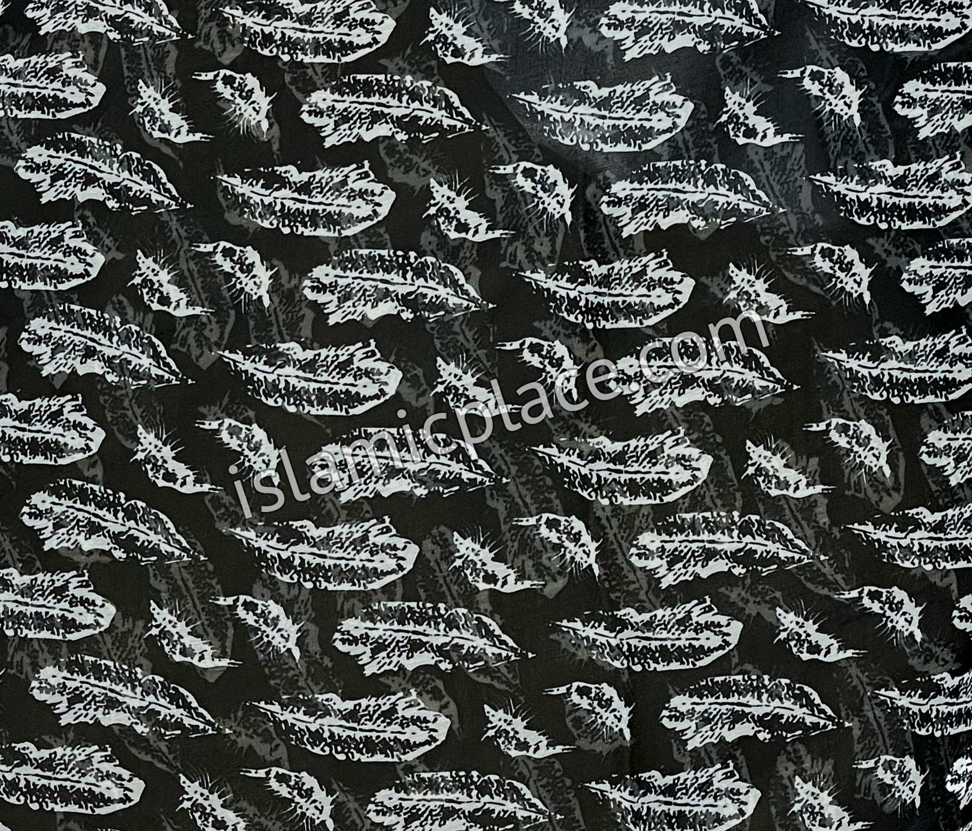 White Bird Feathers on Black Base - 45" Square Printed Khimar