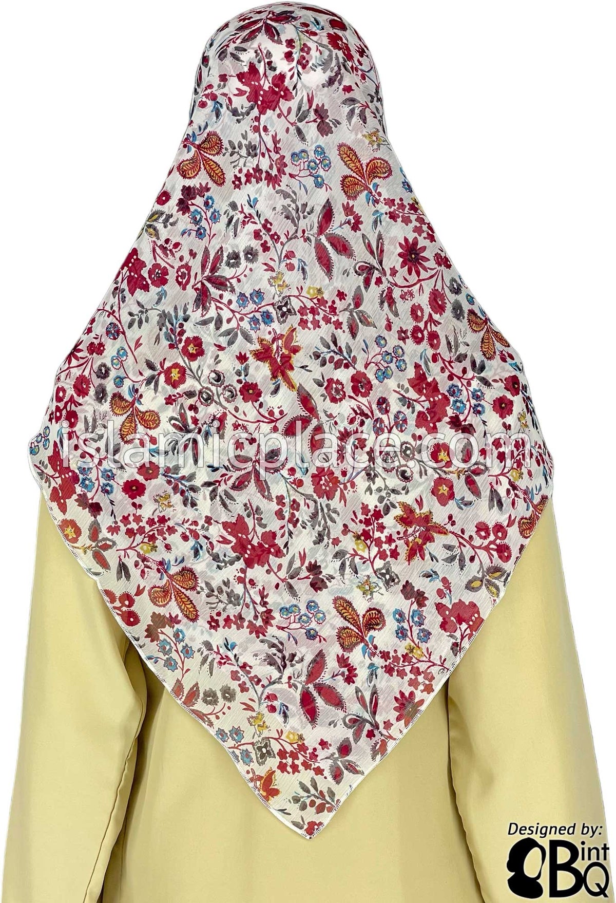 Burgundy, Yellow and Blue Mini Flowers on White Base - 45&quot; Square Printed Khimar