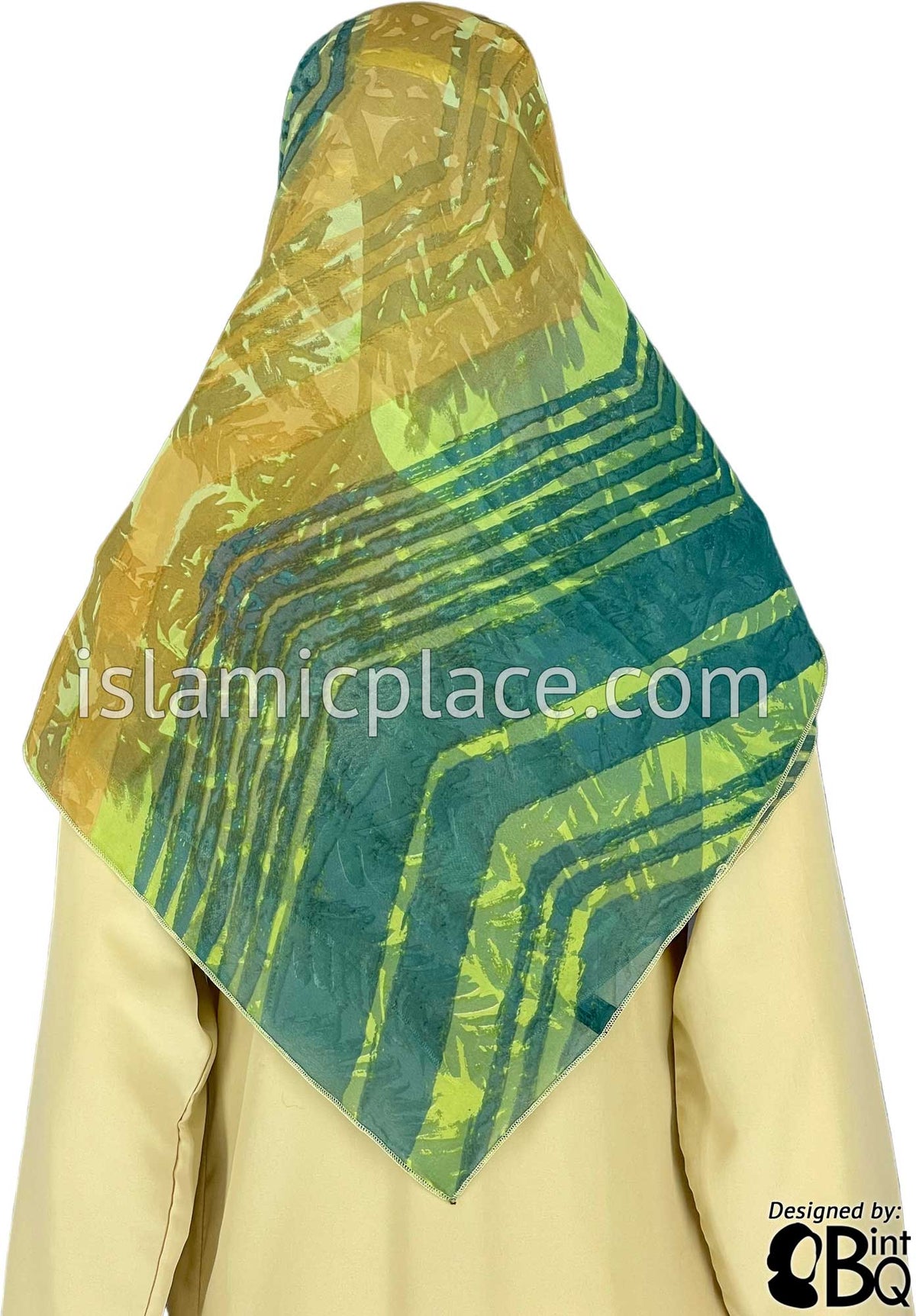 Mustard and Green Zig Zag Lines through the Forest  - 45&quot; Square Printed Khimar