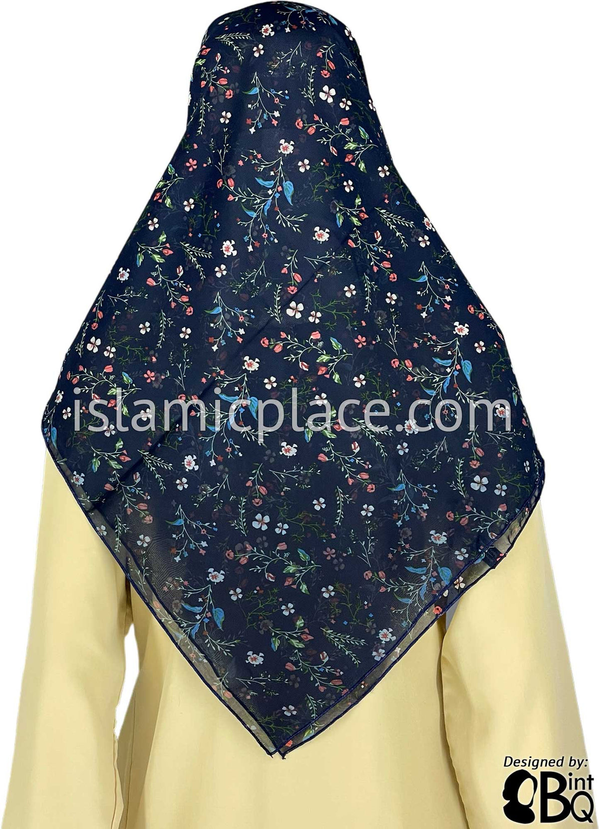 Coral, Blue and Green Flower Stems on Navy Blue Base - 45&quot; Square Printed Khimar