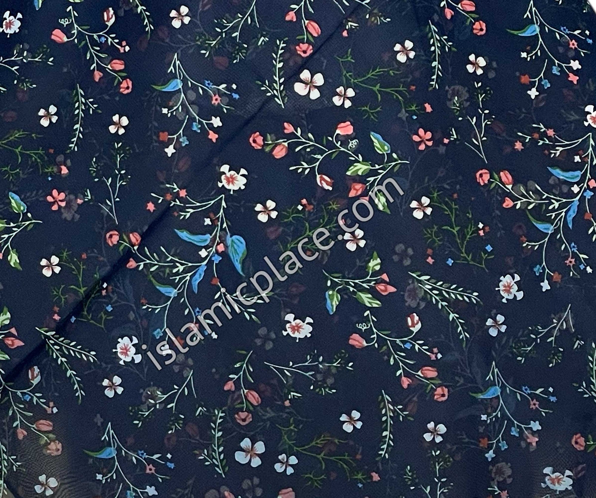 Coral, Blue and Green Flower Stems on Navy Blue Base - 45" Square Printed Khimar