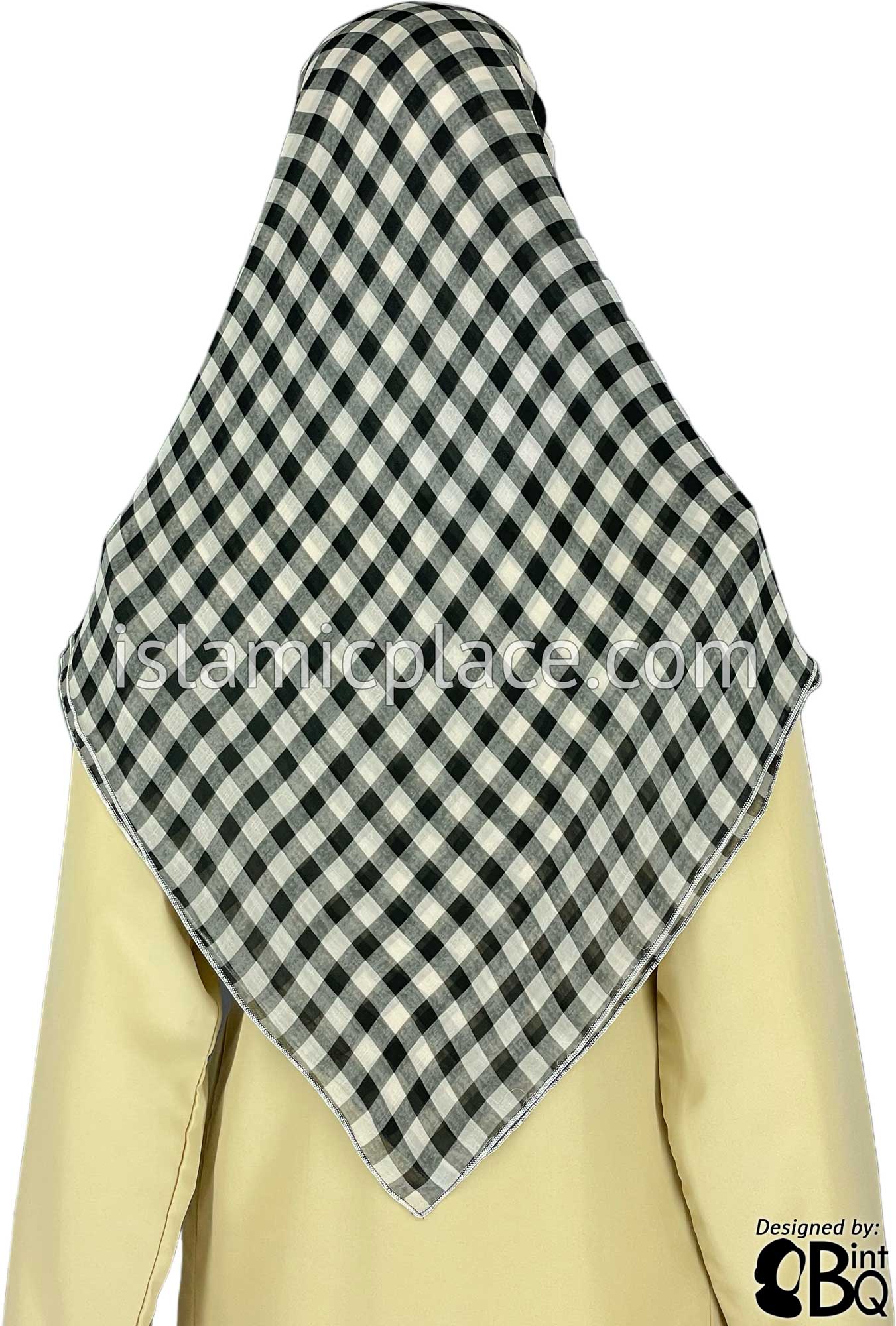 Cream and Black Small Plaid - 45" Square Printed Khimar