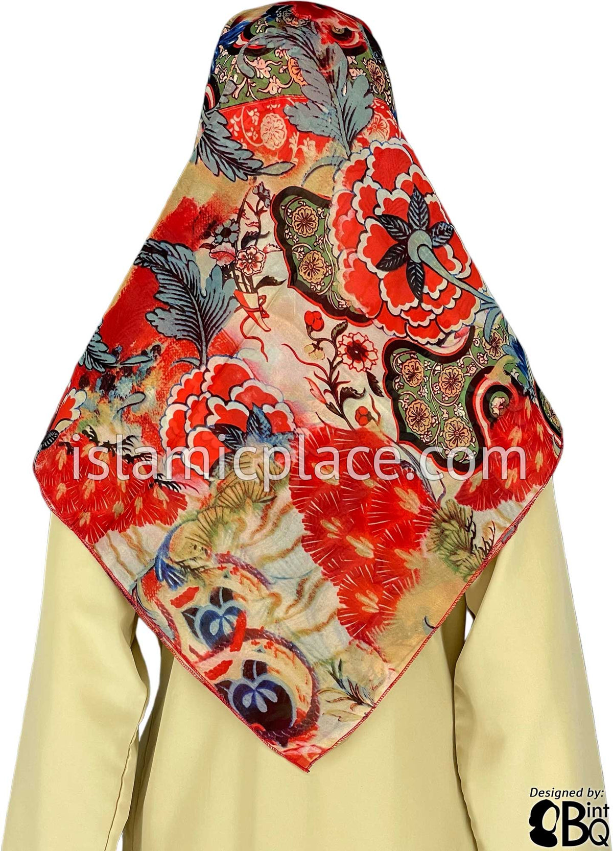 Red with Vibrant Multi Color Abstract Design - 45&quot; Square Printed Khimar