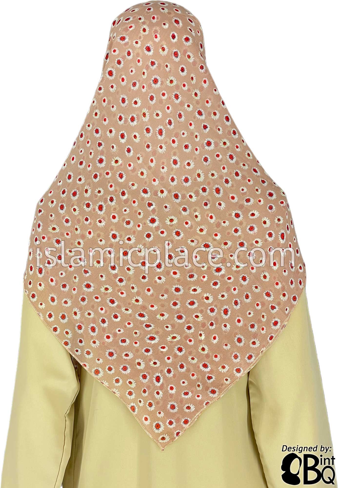 White and Burgundy Daisy Flowers on Warm Ivory Base - 45" Square Printed Khimar