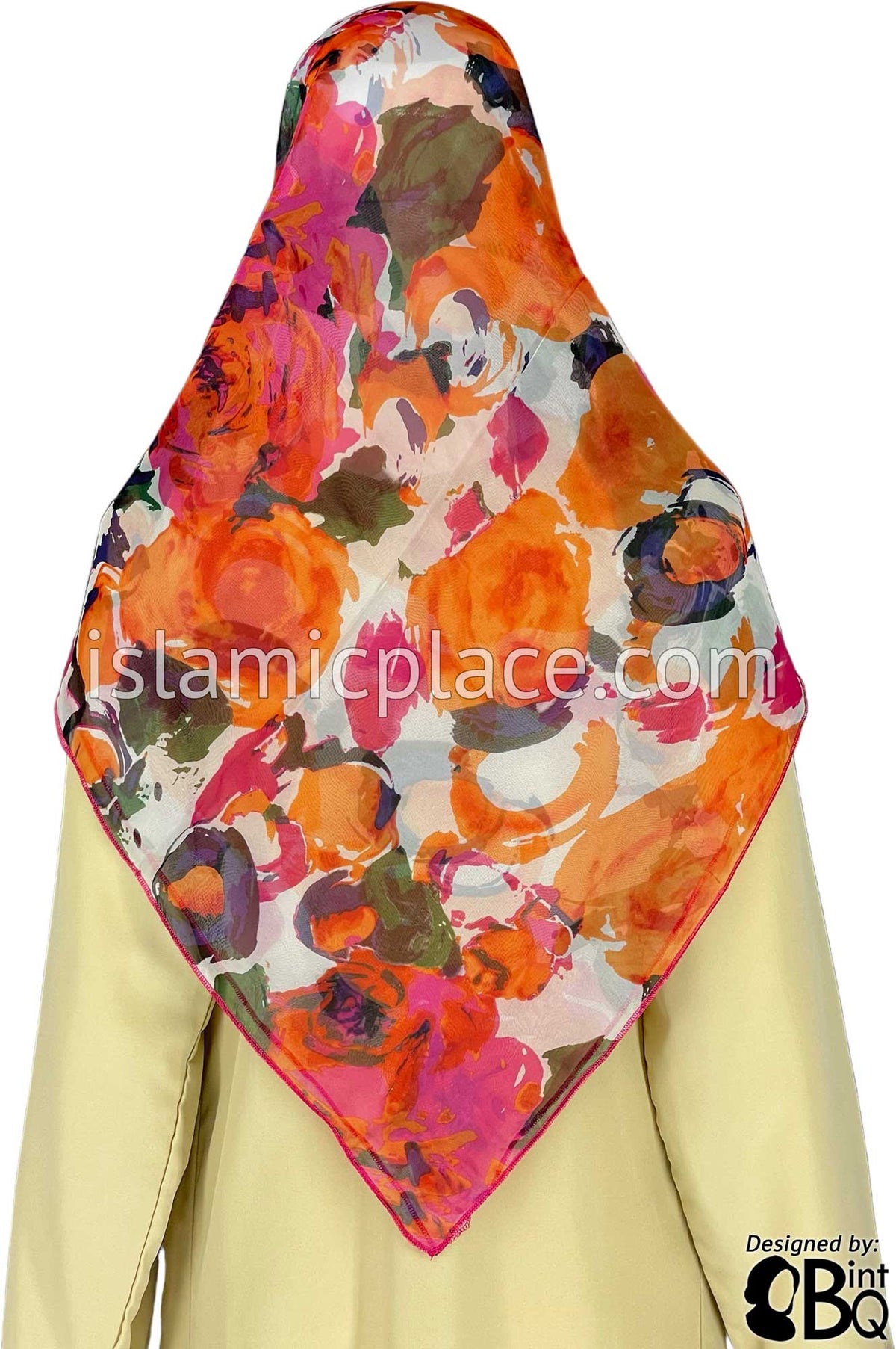 Orange and Pink Tie-Dye Floral Design - 45&quot; Square Printed Khimar