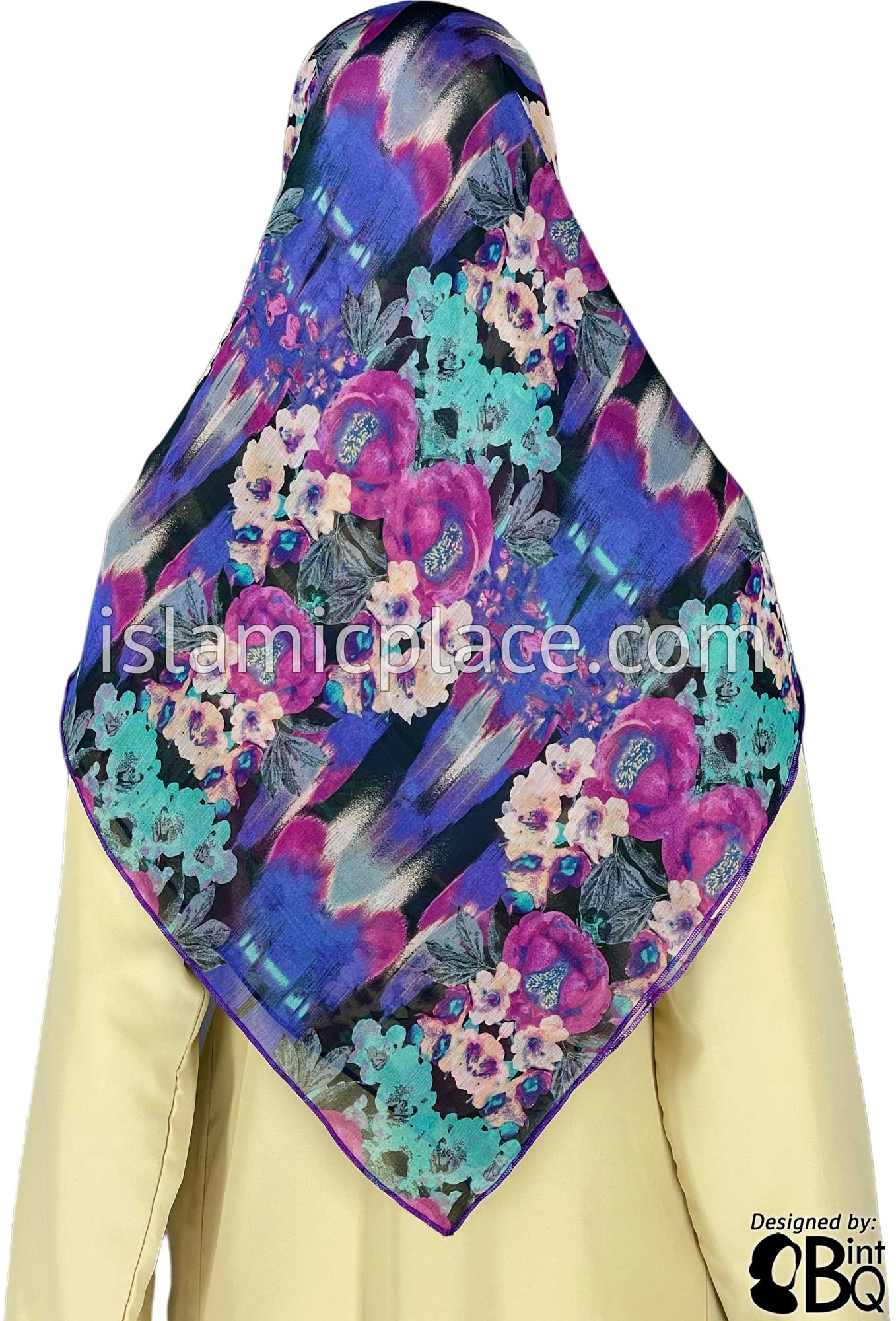 Cabaret Pink and Blue Stamped Bouquet Design - 45" Square Printed Khimar