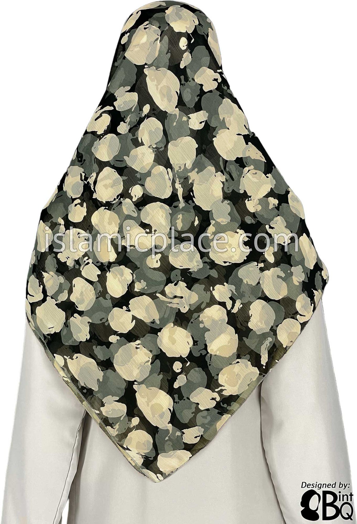 Black, Gray and Off-White Camo Inspired Smudges - 45&quot; Square Printed Khimar