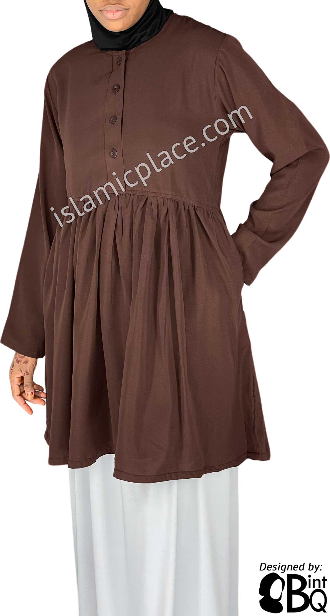 Brown - Tayba Pleated Style Kameez Tunic Top by BintQ - BQ279