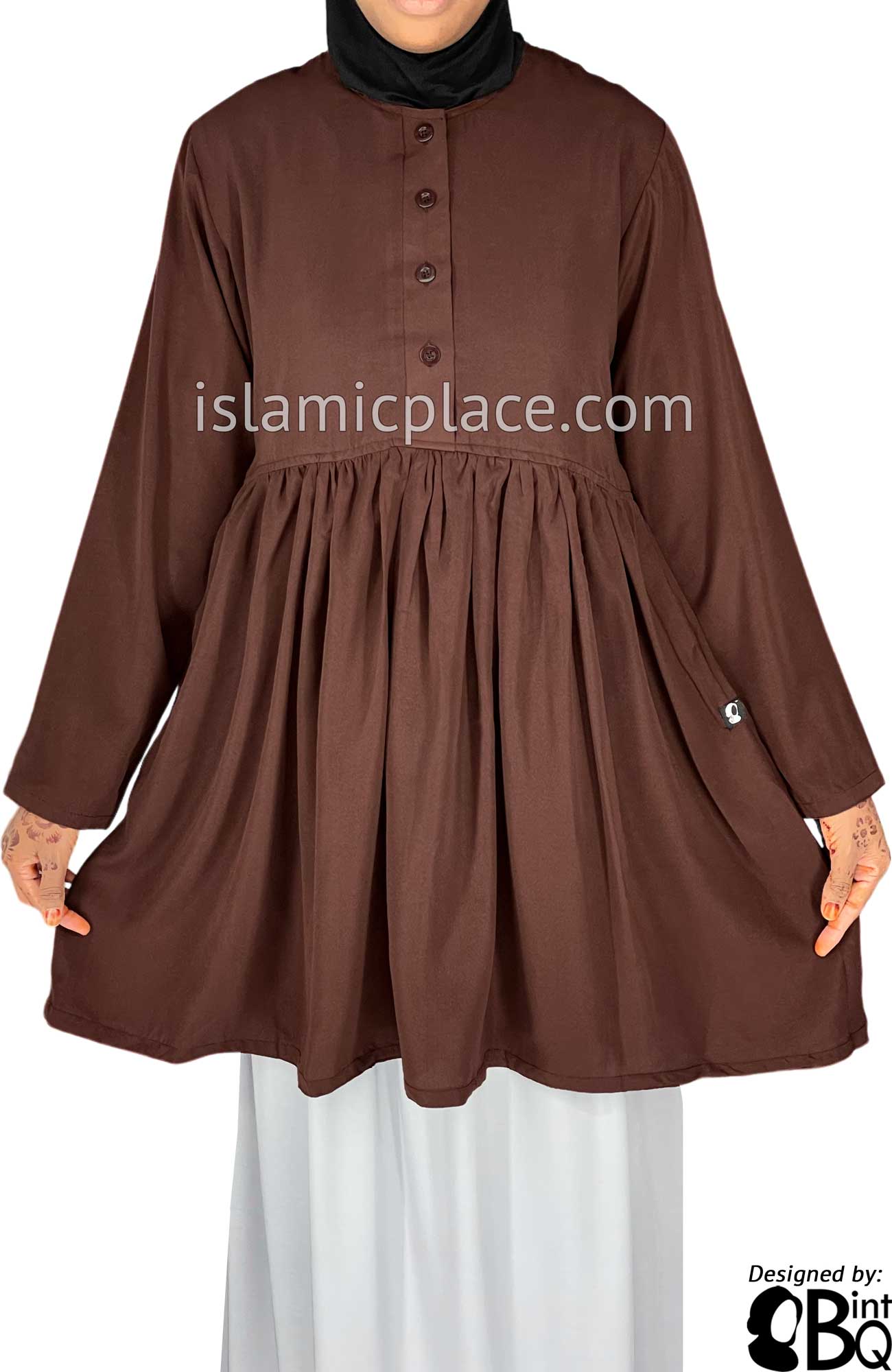 Brown - Tayba Pleated Style Kameez Tunic Top by BintQ - BQ279