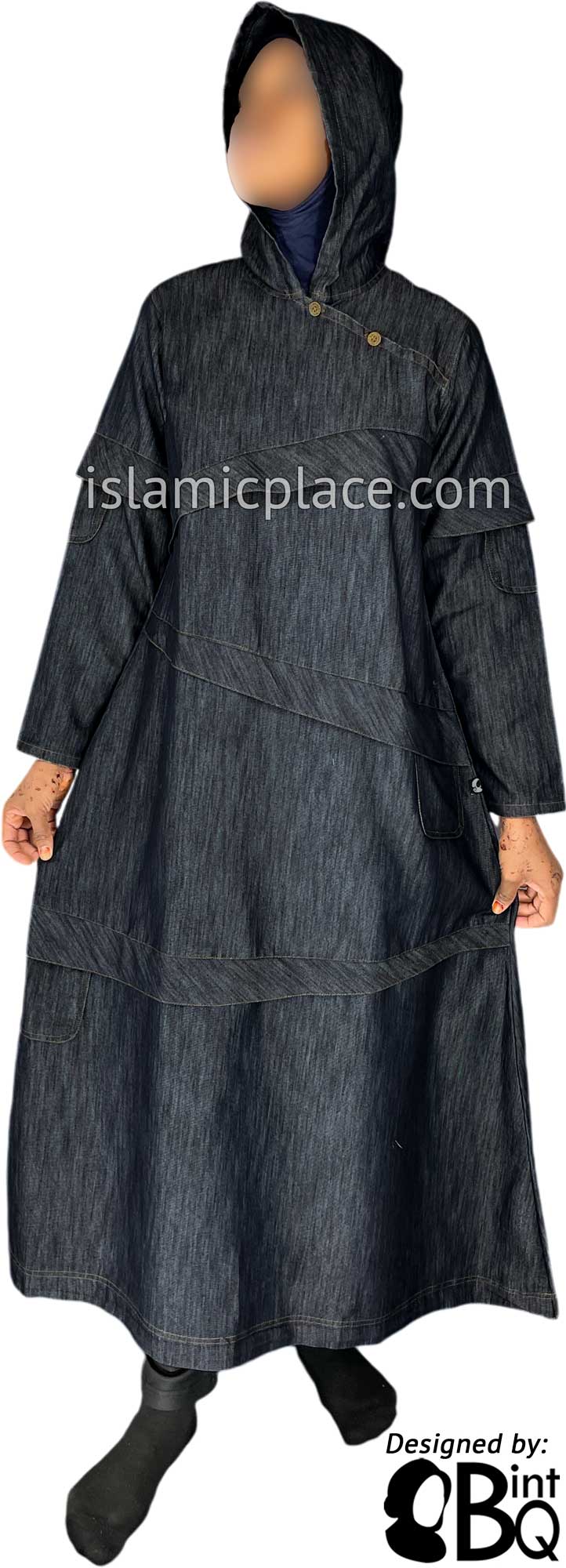 Dark Blue Denim - Yasmeen Stylish Hoodie Girl&#39;s Abaya by BintQ - BQ240