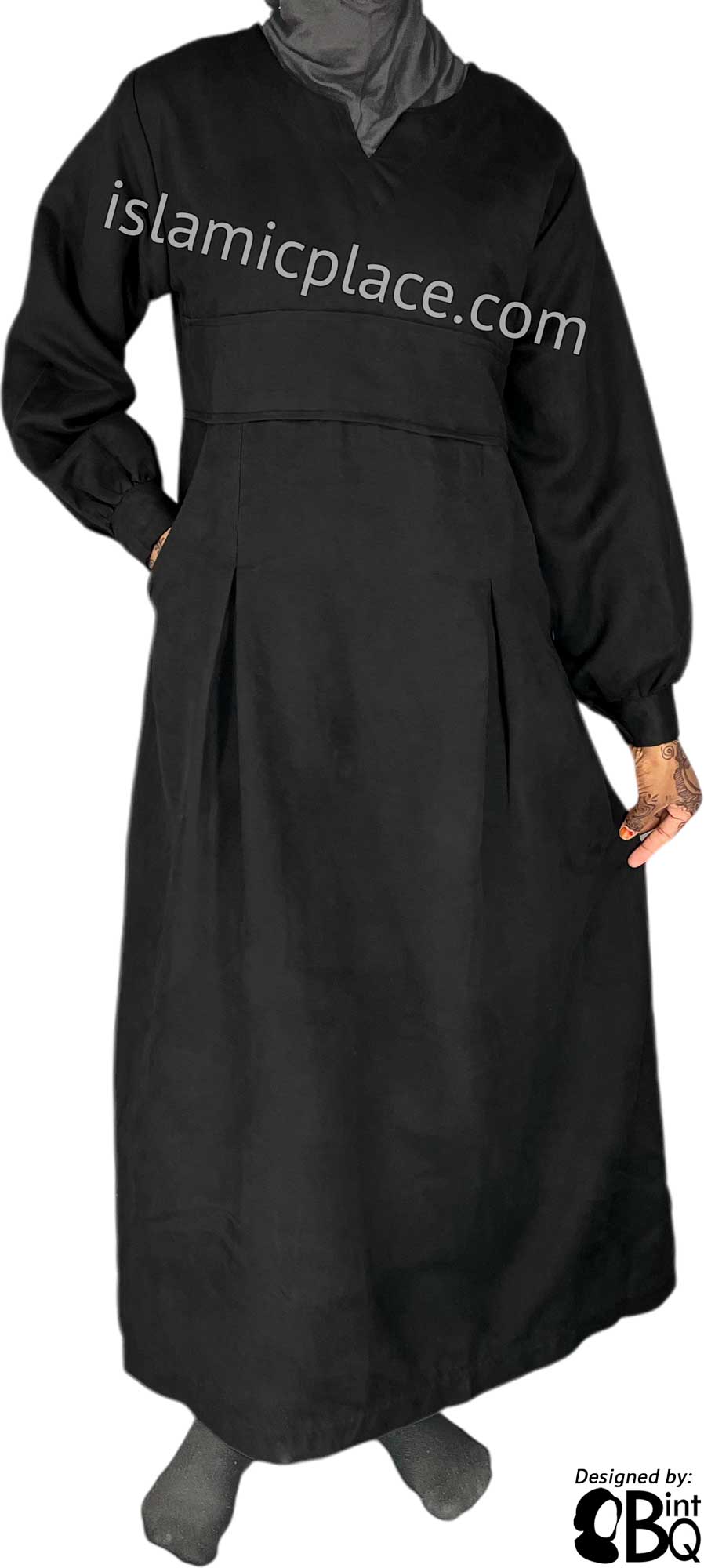 Black - Azeeza Pocket Style Abaya by BintQ in Luxurious Suede - BQ277